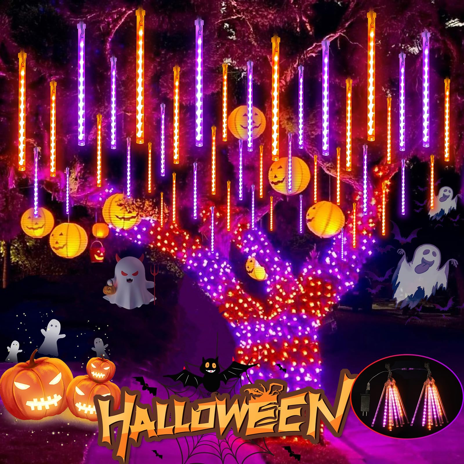 EXF 2-Pack Meteor Shower Lights Outdoor Waterproof 384 LED Plug in 30cm Orange and Purple Model MLS-D5V3.6WUT-O