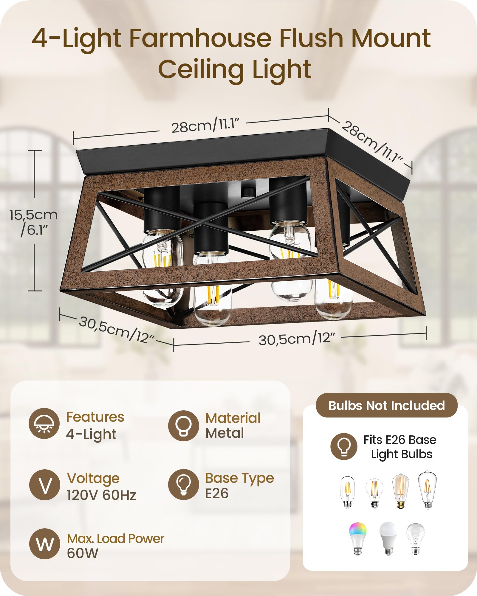 Goebleson Farmhouse Flush Mount Ceiling Light Fixtures, 4-Light Hallway Close To Ceiling Light, Metal-Framed, Wood Grain Finish,