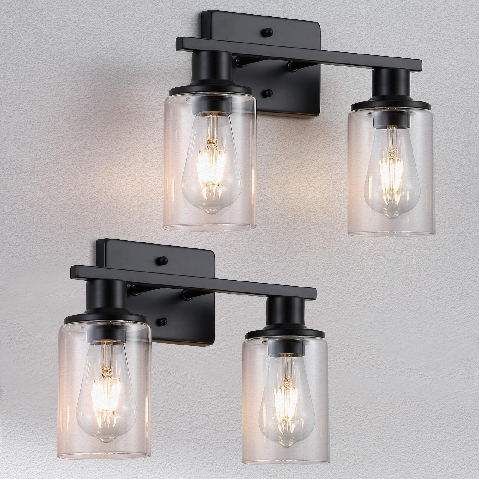 Litaddscen 2 Pack Matte Black Bathroom Light Fixtures Over Mirror,2-Light Bathroom Vanity Light With Clear Glass Shade,Modern Fa