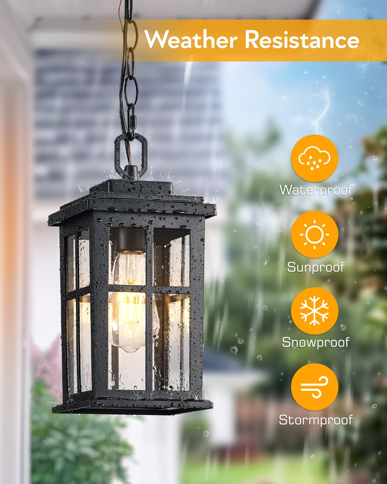 Opaxis Black Outdoor Pendant Lights For Porch, Modern Hanging Porch Light, Waterproof Outdoor Pendant Lights With Tempered Glass