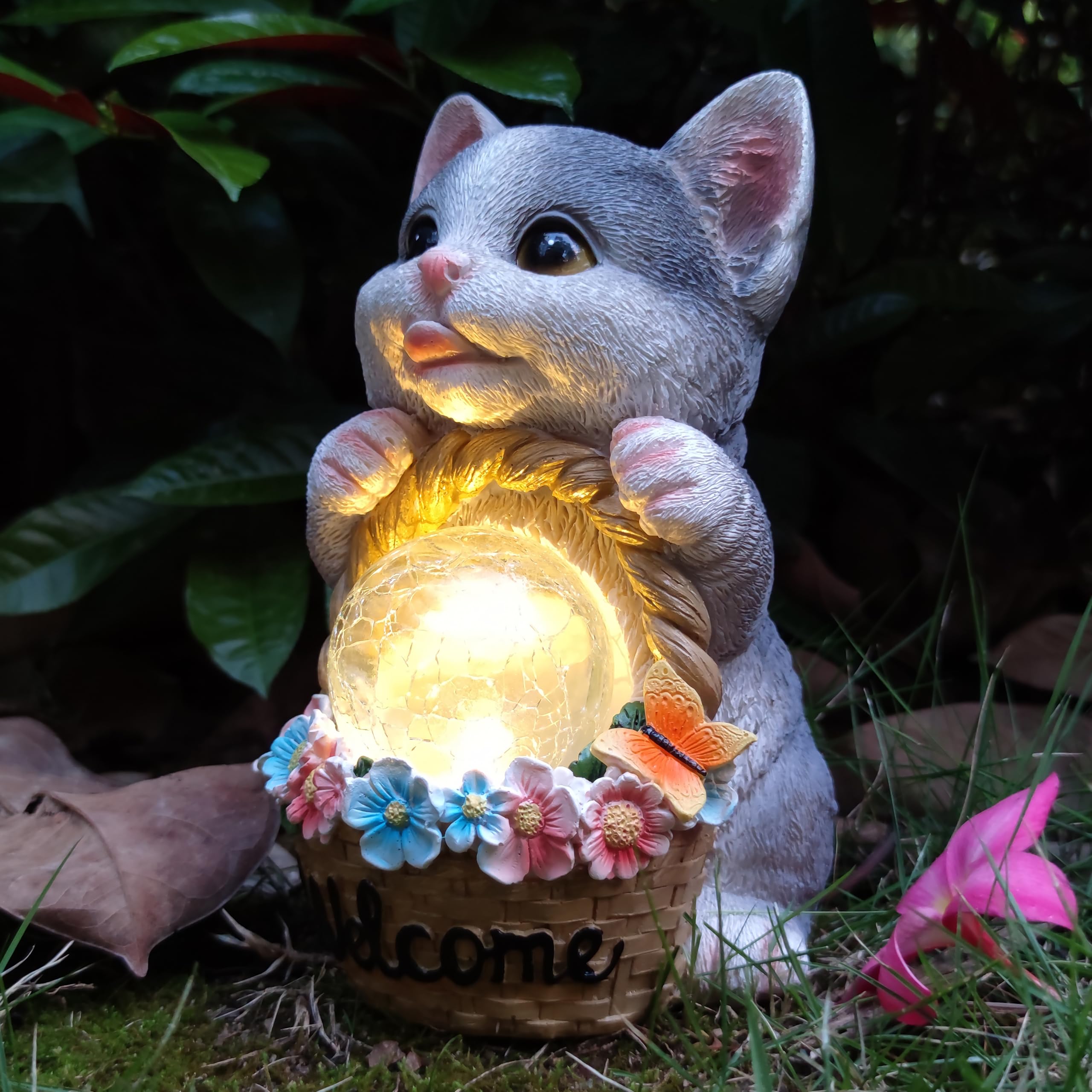Rctticuu Solar Cat Garden Outdoor Statues Resin Cat Figurine Carrying Flower Basket And Magic Orb With Solar Led Lights  Lawn Decor Outdoor Statue For Patio  Balcony  Yard Ornament Gifts For Mom