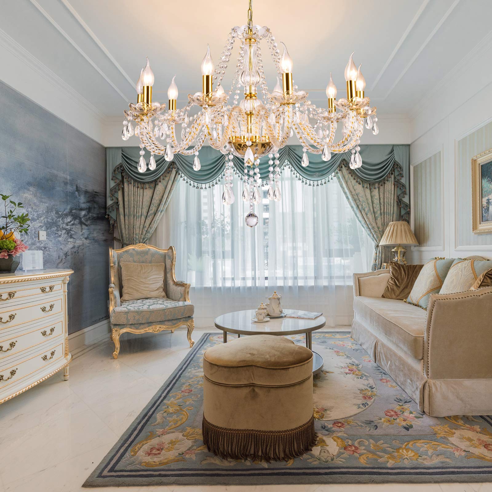 Gold Color Luxurious Candle Crystal Chandelier, 10 Lights K9 Modern Crystal Chandelier For Dining Room, Glass Ceiling Pendant Lamp For Living Bedroom Lighting Hall Balcony (10 Lights, Gold)