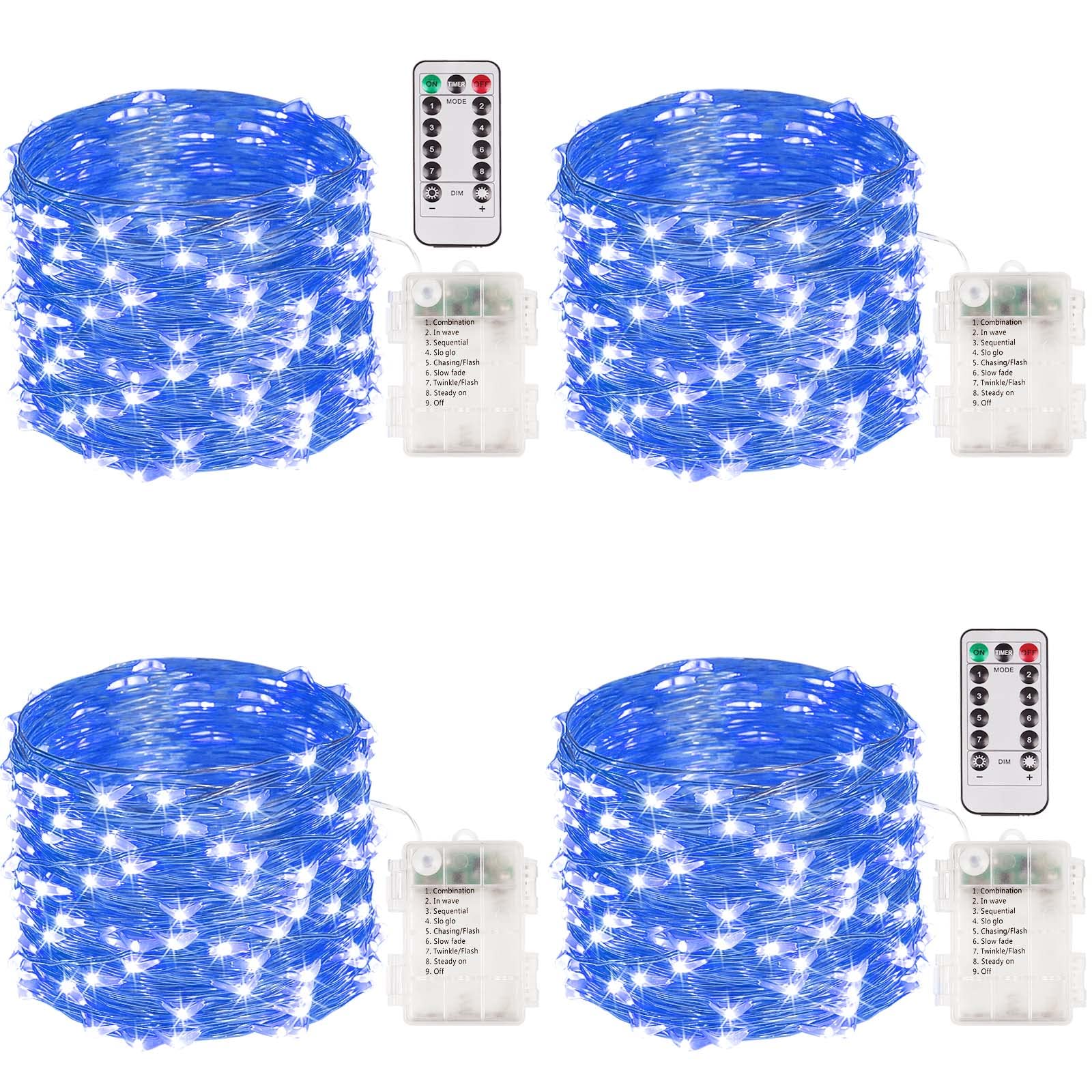Albelt 4-Pack 33FT 100 LED Fairy Lights, Battery Operated with Remote & Timer, Waterproof Twinkle Lights, Blue, Model: sliver100-4pk