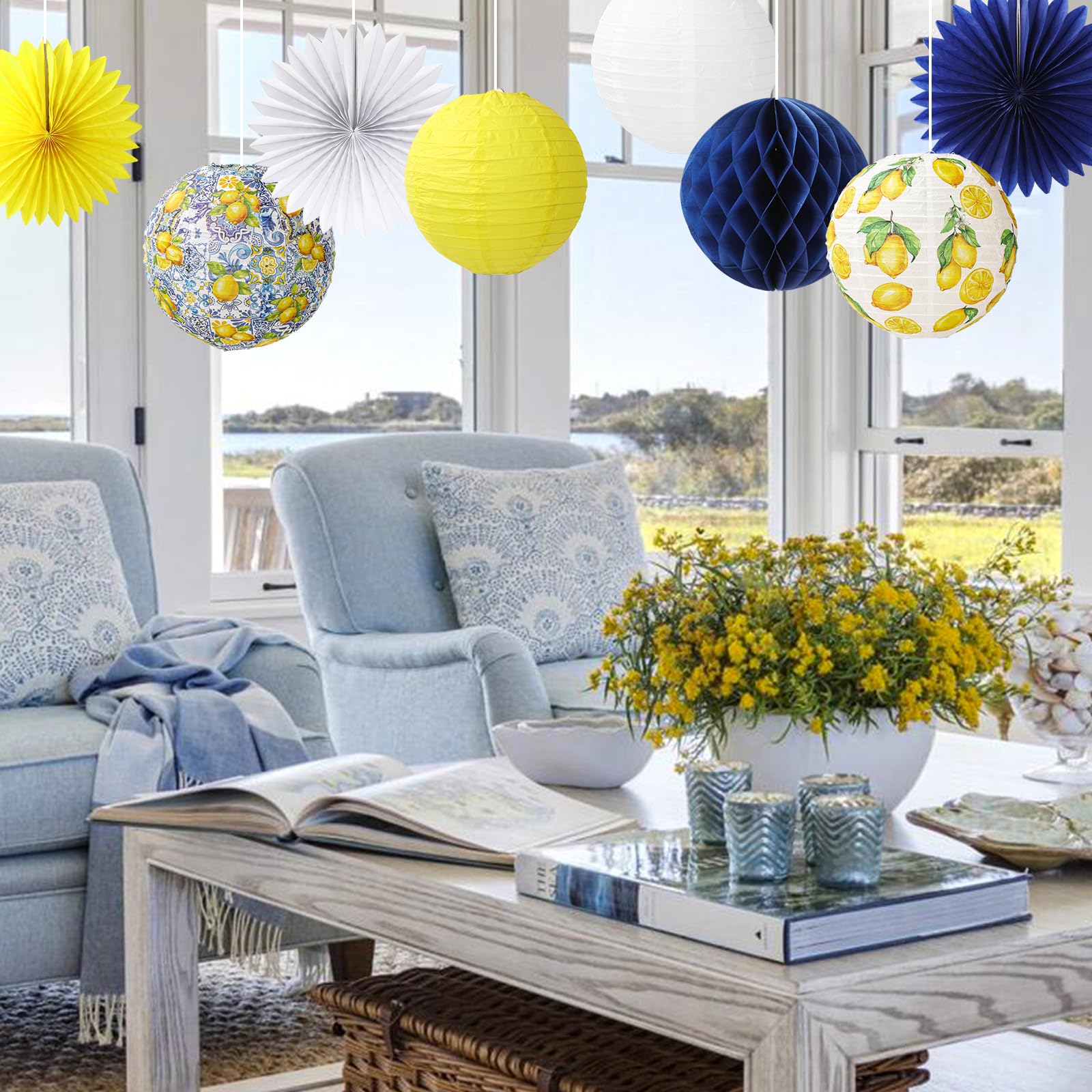 Jarthenaamcs 18 Pcs Capri Lemon Hanging Lantern Kit Paper Lantern With Blue Yellow White Honeycomb Ball Paper Fan Summer Mediter