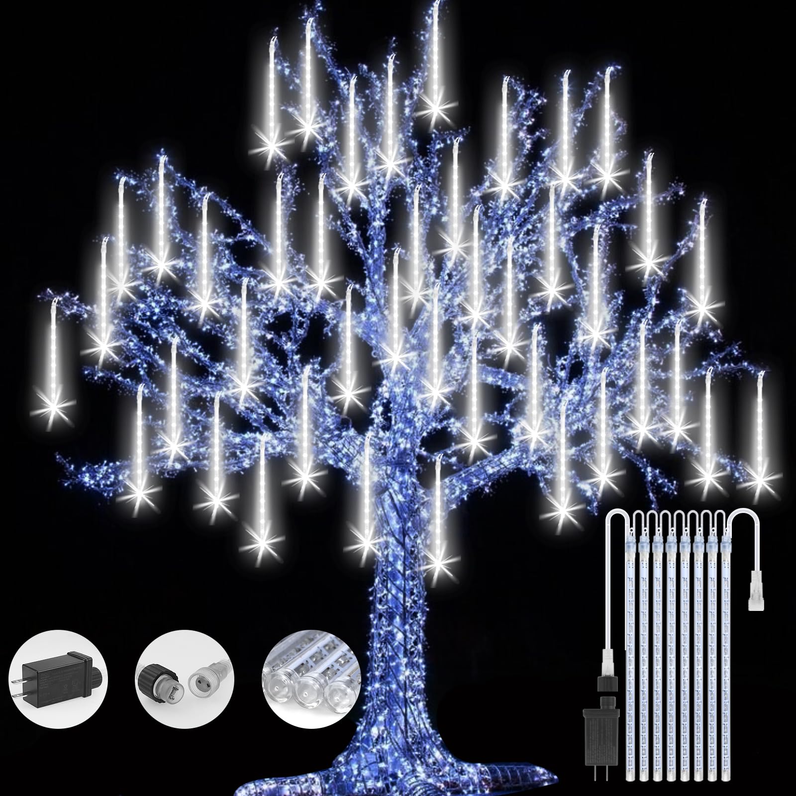 FYYZY Christmas Lights Meteor Shower Rain Light Falling Rain Lights with 8 Tubes 192 LEDs Waterproof Icicle Snow Fall String Lights for Party Tree Home Patio Outdoor Decoration(8 Tubes,White)