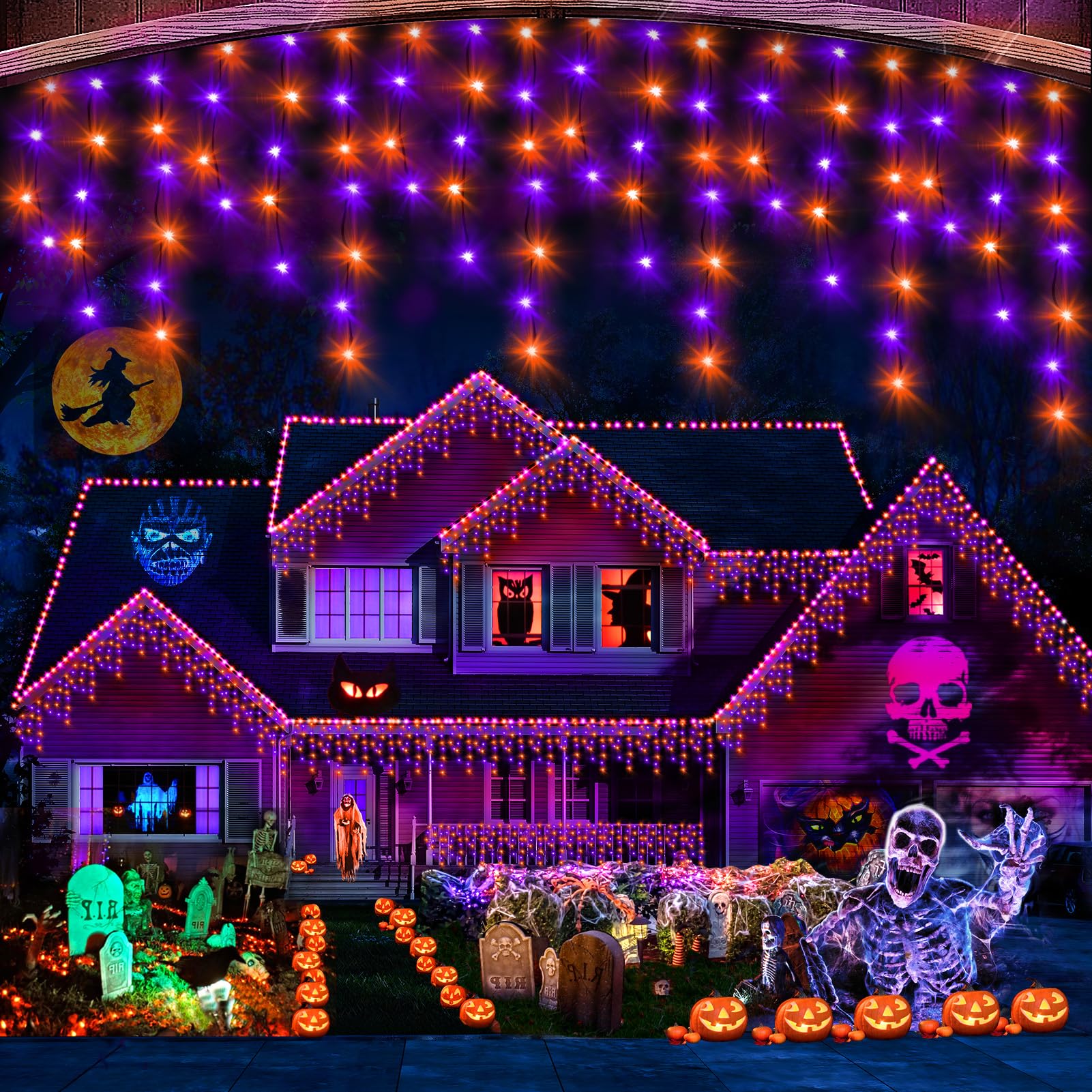 Hezbjiti 400Led Halloween String Lights - Purple & Orange Icicle Lights, 32.8Ft, 8 Modes, Outdoor Decoration For Yard & Garden