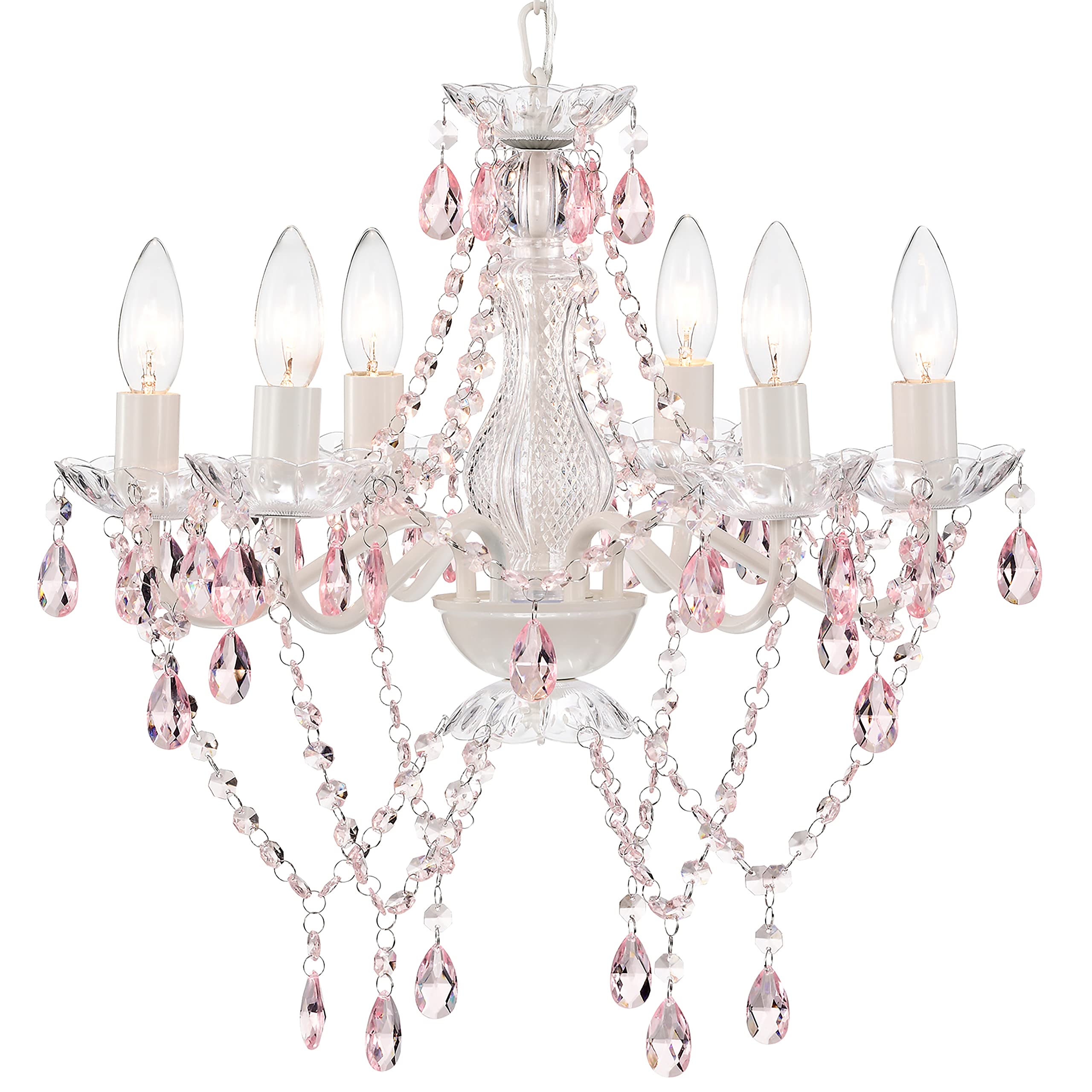 Mr.Color White Chandeliers Pink Crystal Chandelier Lighting Fixture 6 Light Candle Chandelier for Bedroom