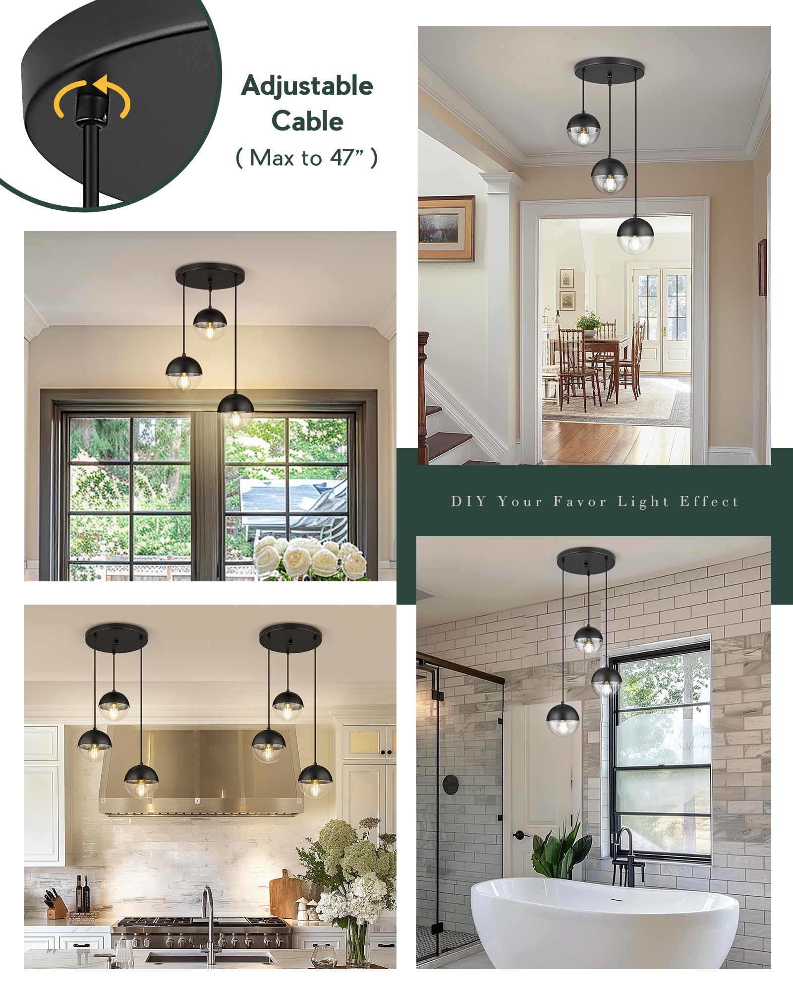 Lms Modern 3-Light Cluster Pendant Lights, Matte Black Kitchen Island Light Fixtures With Clear Globe Glass Shade, Adjustable Ha