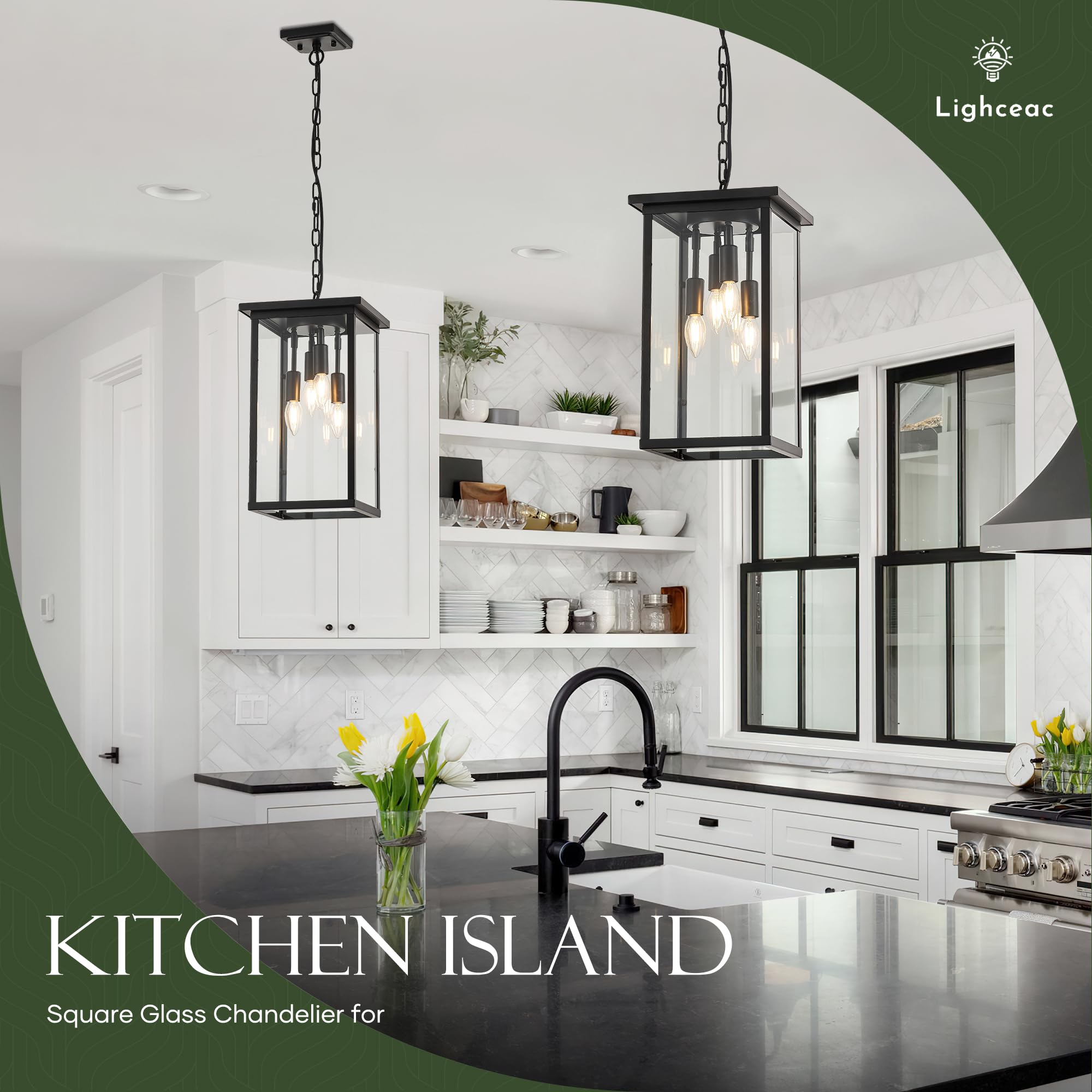 Lighceac 10'' Modern 4-Light Exterior Black Square Lantern Pendant Light Fixture With Clear Glass Industrial Hanging Cage Chande
