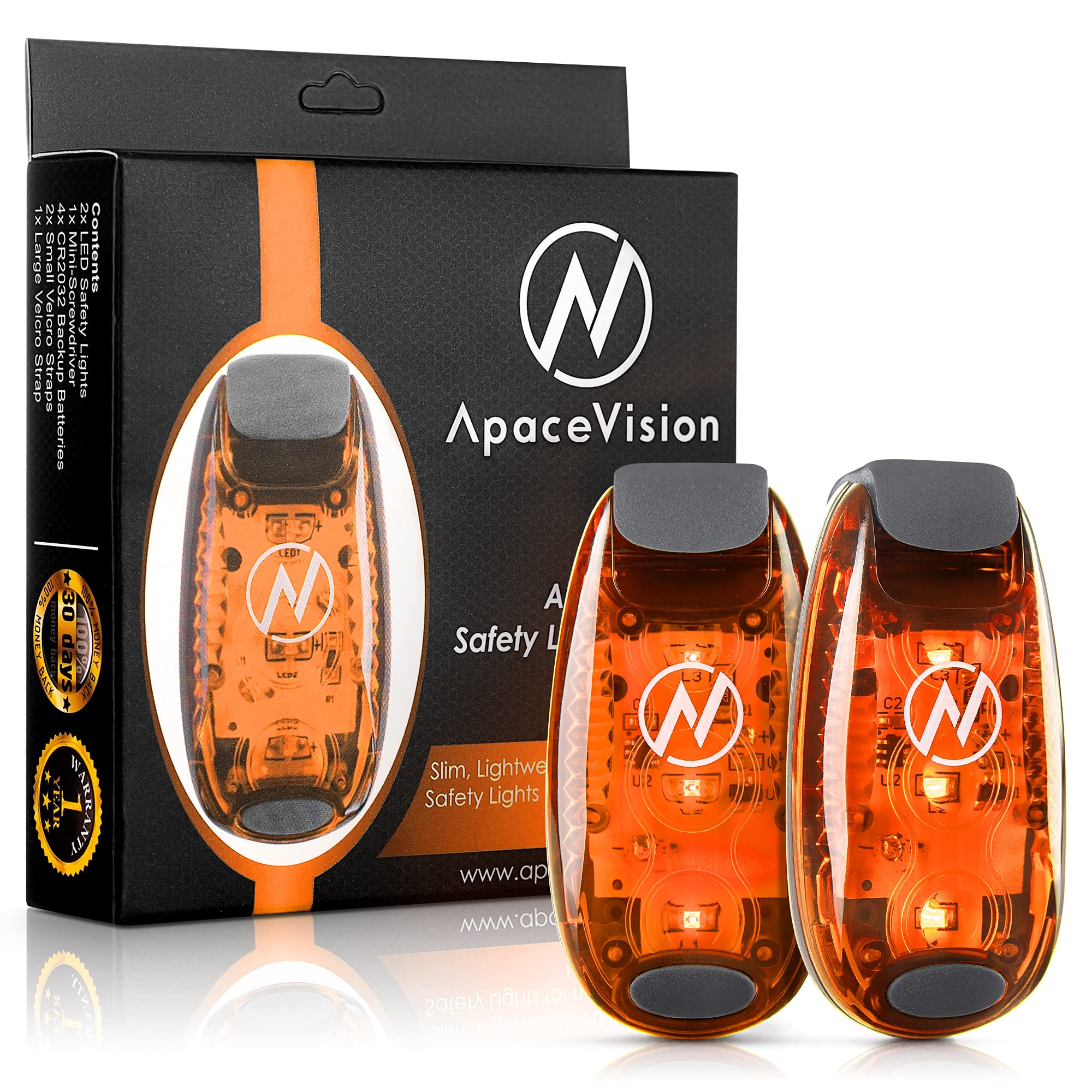 Apace Vision LED Safety Light 2 Pack - Clip On Strobe/Running Lights, High Visibility, Orange, Model UI-BRL-44