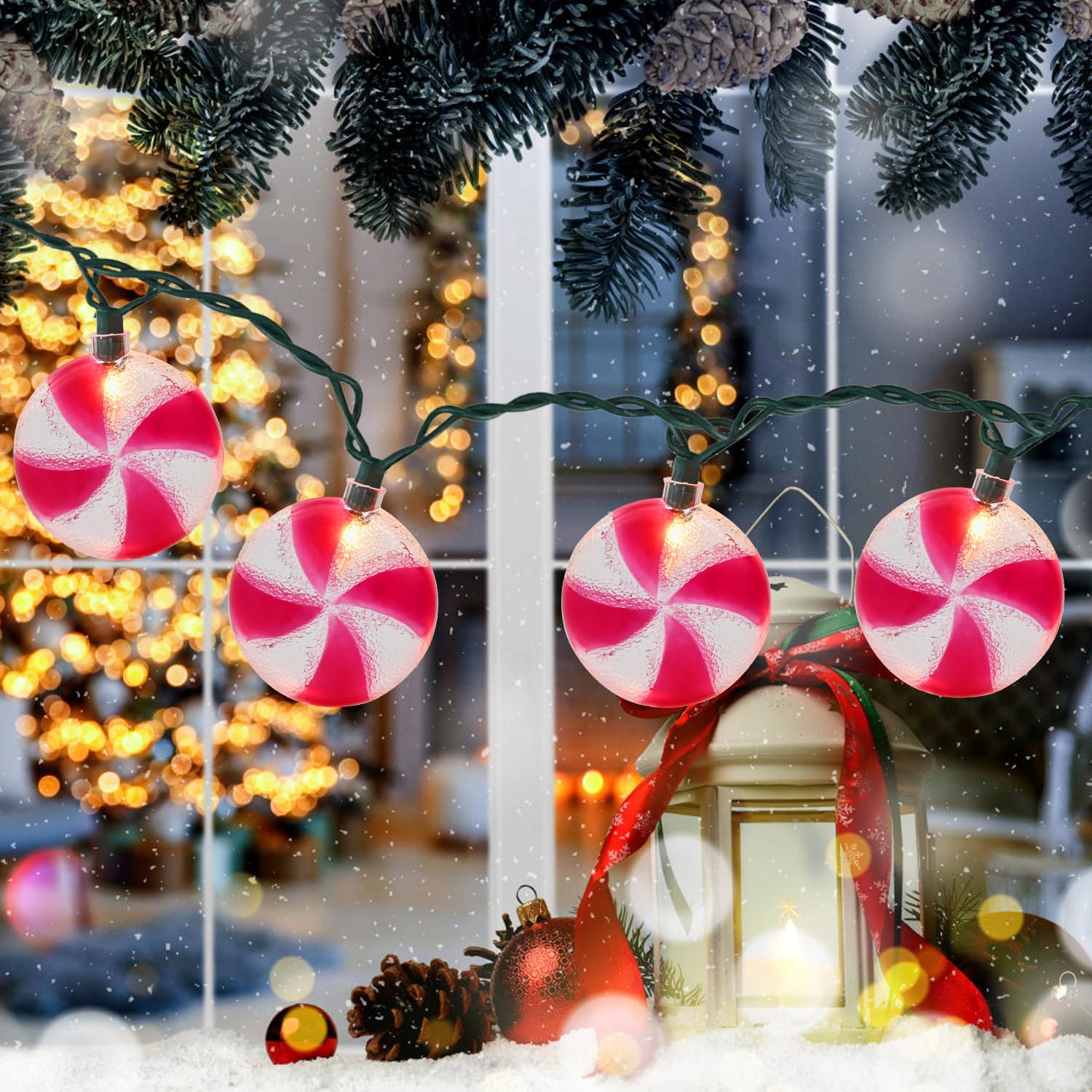 PASUTO Christmas Tree Decorations Lights, 8.5Ft Candy String Lights with 10 Pack Candy Bulbs Christmas Ornaments for Indoor Home