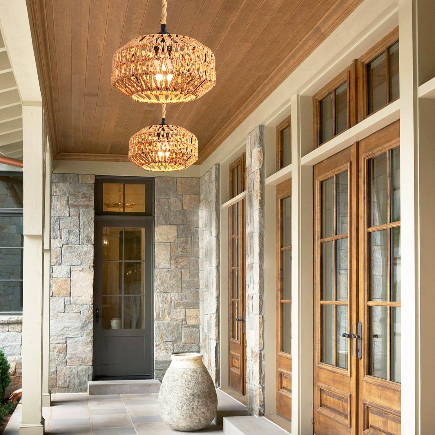 IHENGYANLT 2 Pack Rattan Plug-in Pendant Light, Hand Woven Mini Ceiling Lamp, Metal, Boho Style, Model C1220Z