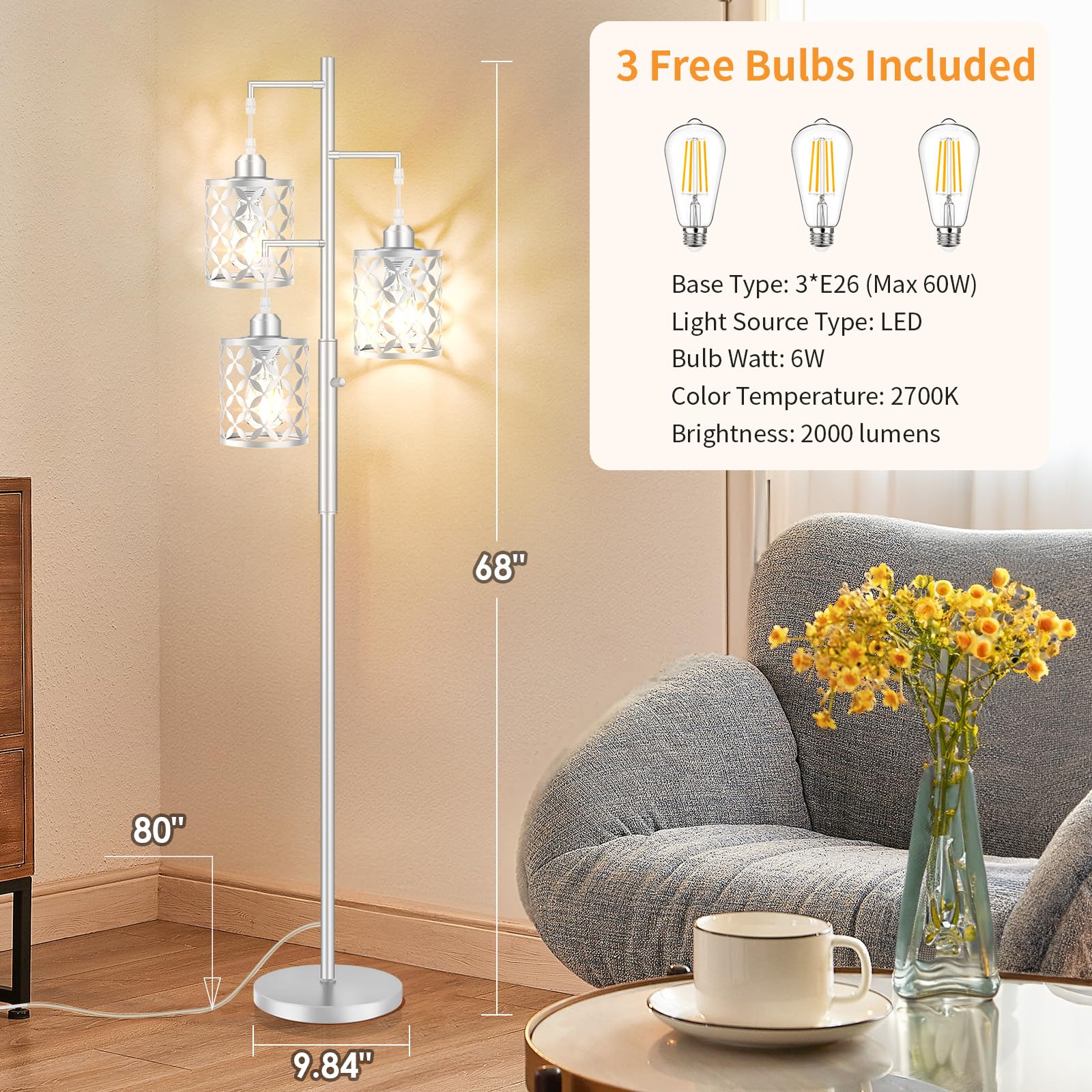 Ghoocemlux 68'' Dimmable Floor Lamp, Modern Standing Lamp With Elegant Metal Cages, Industrial Tall Tree Floor Lamps For Living