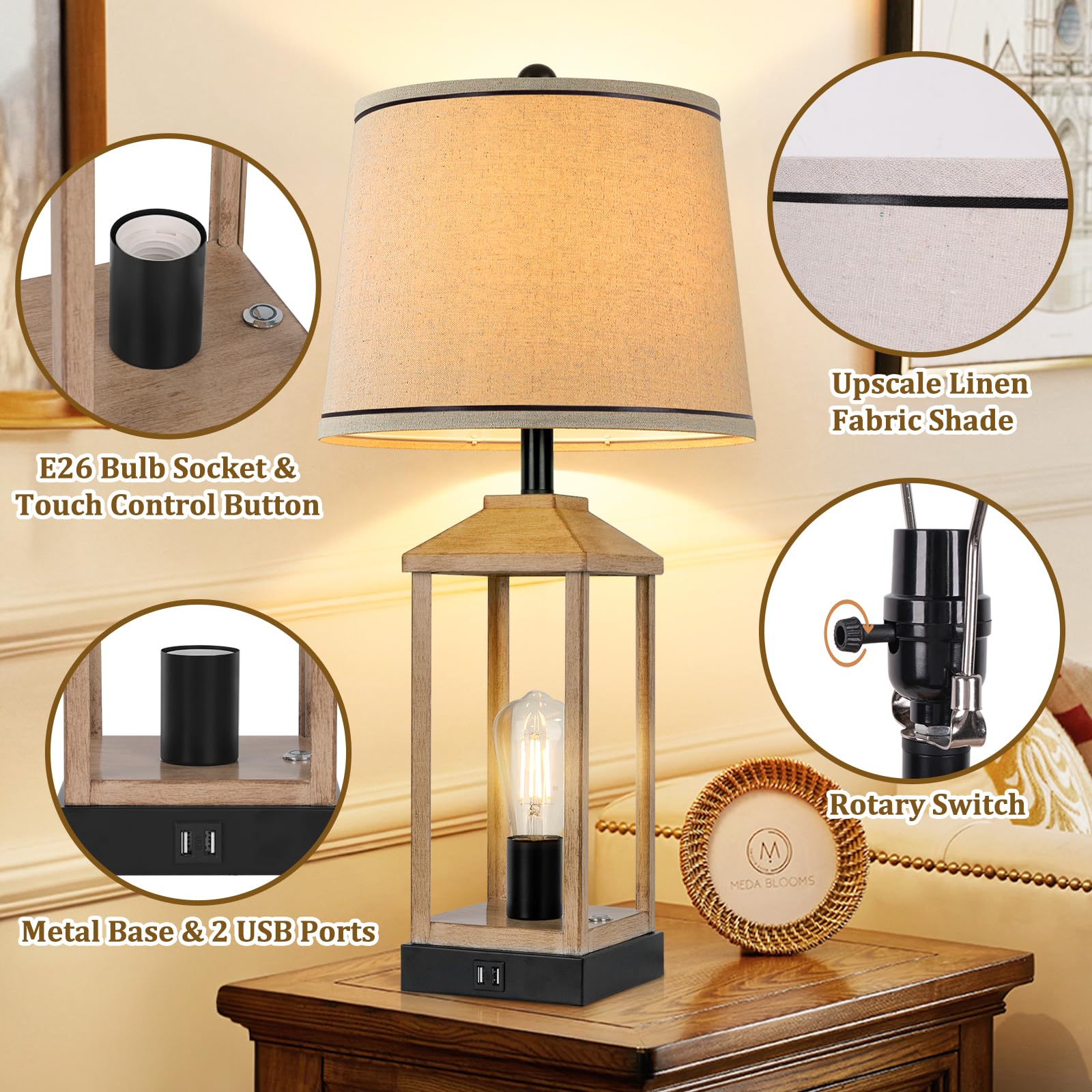 28'' Farmhouse Table Lamp With 2 Light, 3-Way Dimmable Modern Touch Control Nightstand Lamp With Usb Ports For Living Room, Bedr