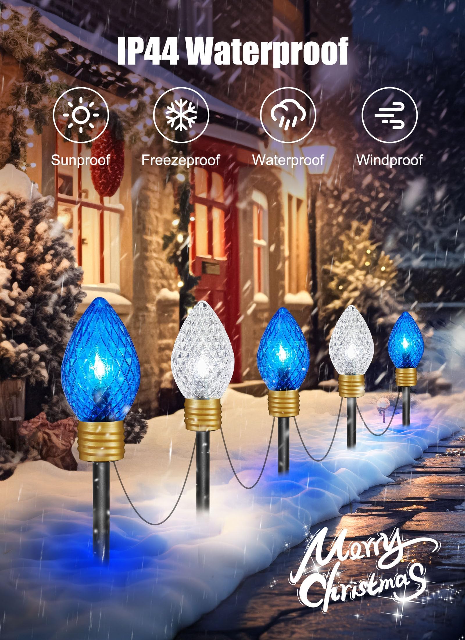Brightown Jumbo Outdoor Christmas String Lights - 2 Pack Waterproof Pathway Marker Lights, Blue & Cool White Bulbs, Model GY-C-50.6-U-B1