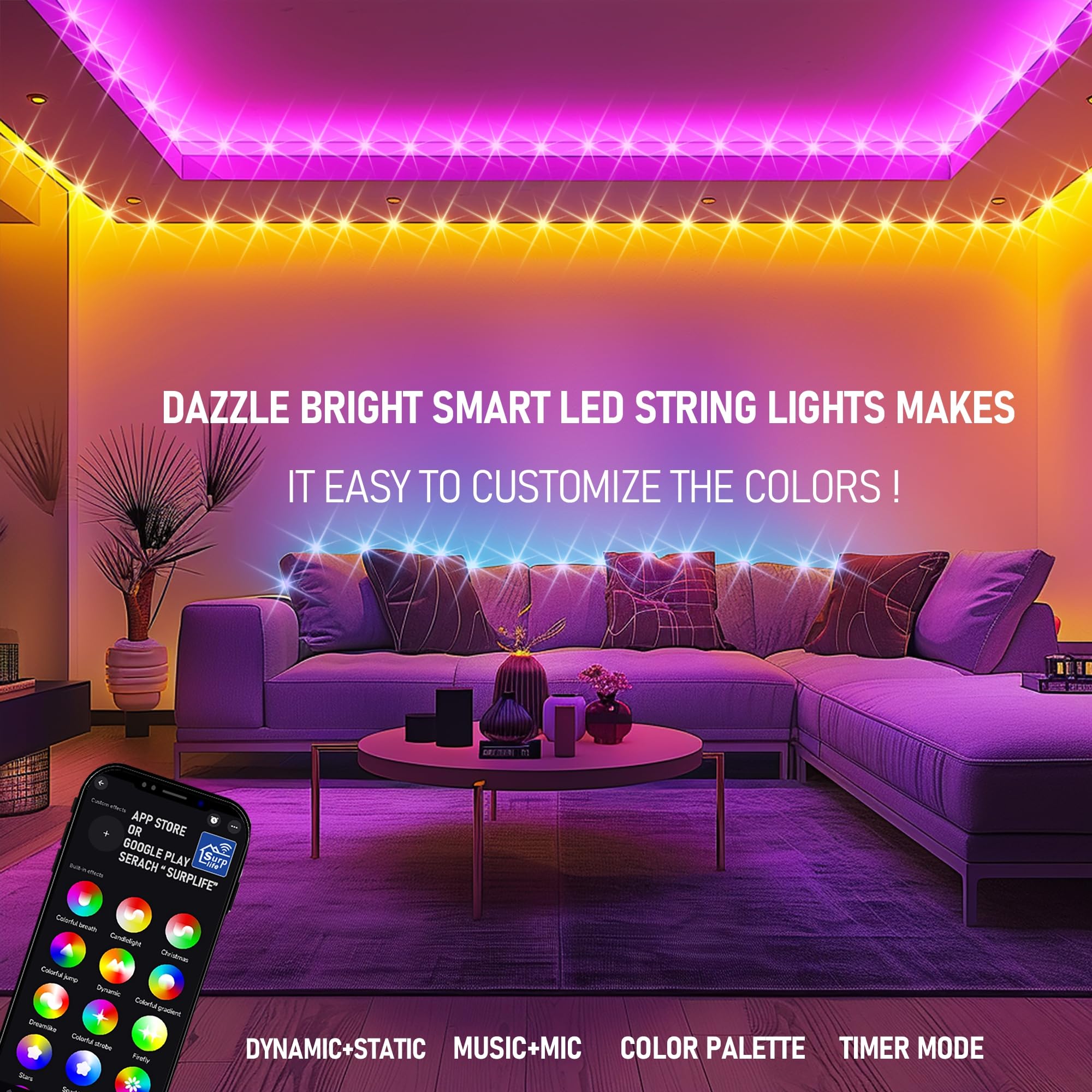 Dazzle Bright 98FT 300 LED RGB Color Changing Smart Christmas String Lights with Remote & App Control for Indoor Outdoor Decor