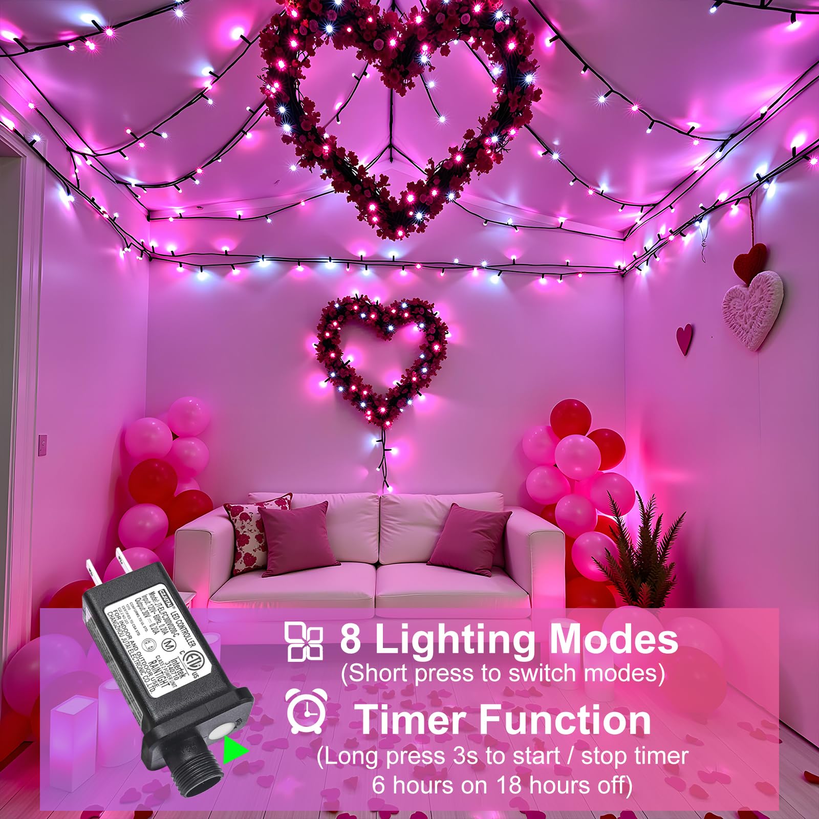 Nielfoi 100Ft 300 Led Christmas Lights  Christmas Tree Lights With 8 Modes Waterproof  Green Wire Outdoor String Lights  Plug In Xmas Decorations For Indoor House Yard Holiday  Pink White