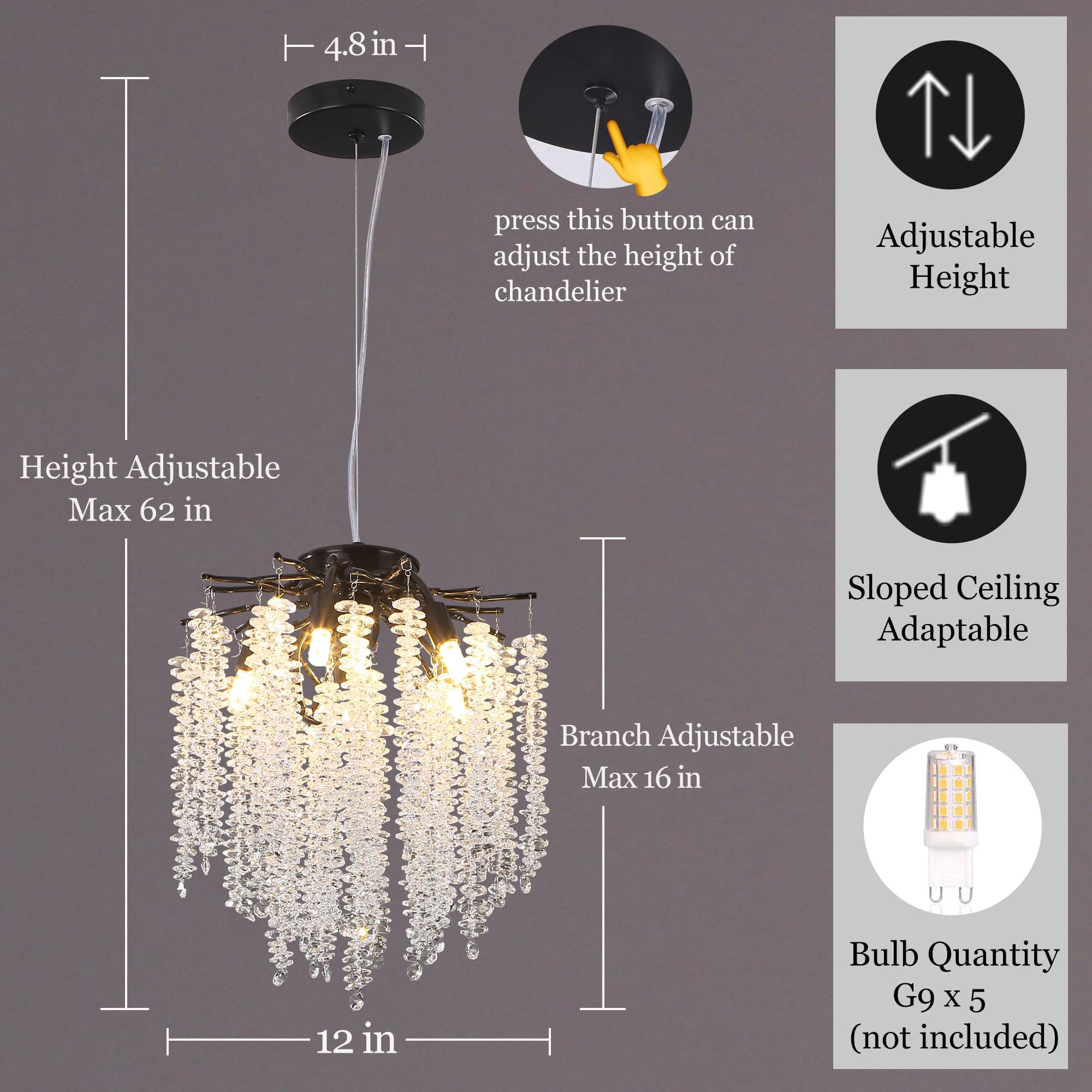 Upfelw Modern Crystal Branch Chandelier D12, Black Luxury Round Tree Branch Raindrop Pendant Light Fixture 5 Lights For Kitchen