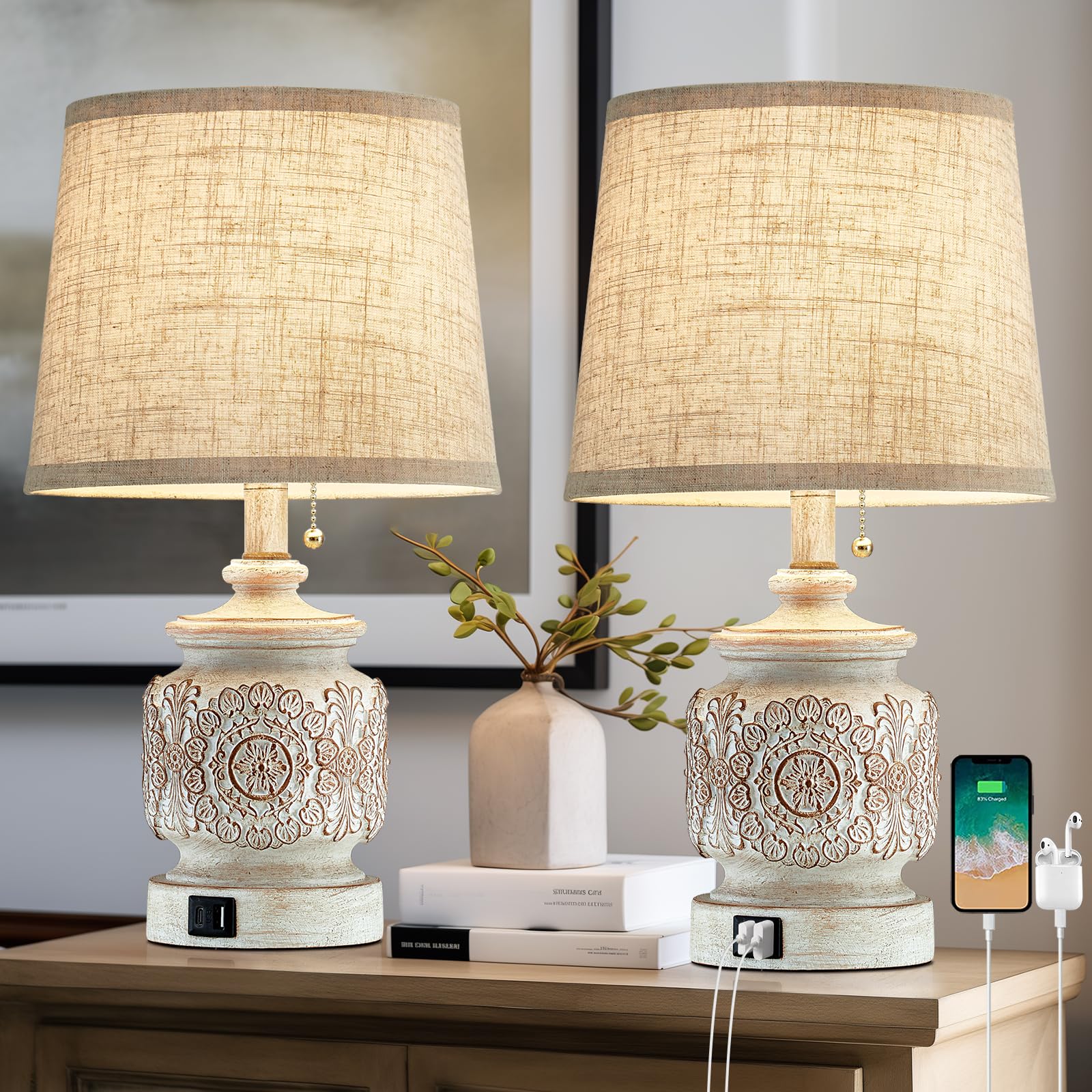 19.5'' Farmhouse Vintage Table Lamps For Living Room Set Of 2 Traditional Rustic Bedside Lamps For Bedrooms Nightstand With Usb 