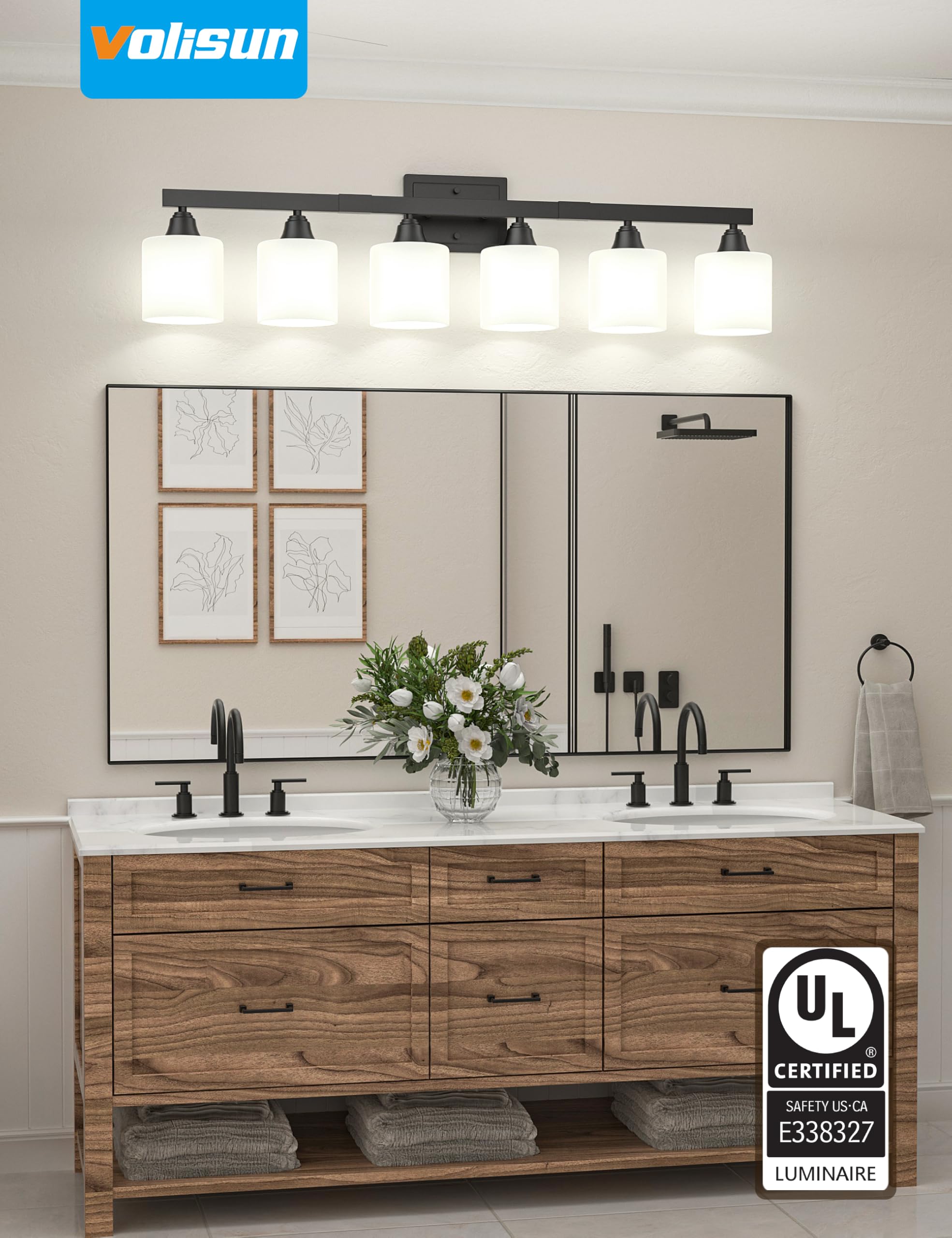 VOLISUN 6-Light Bathroom Vanity Light Fixture, Matte Black Metal, Frosted Glass Shades, Model SW016W