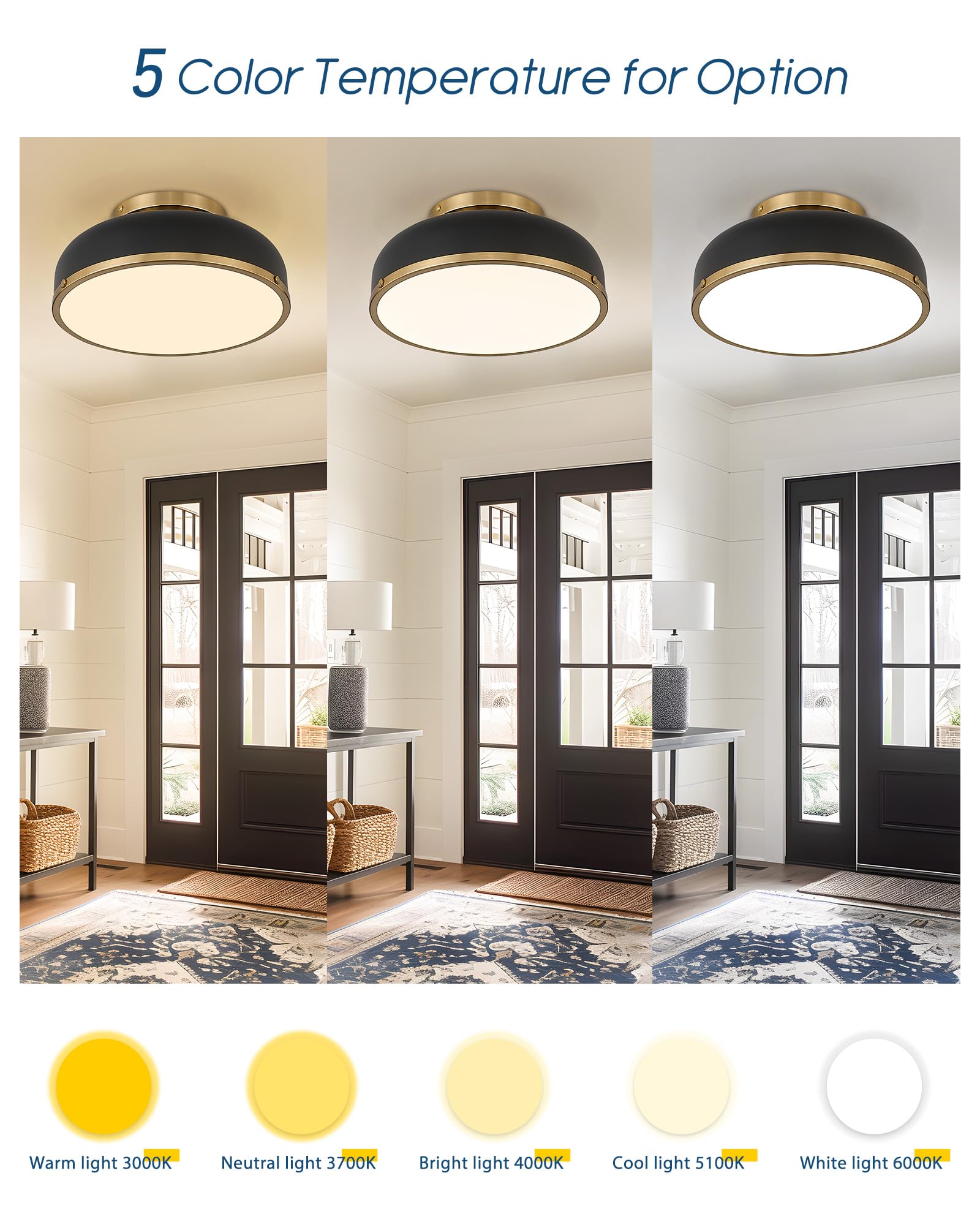 Kudos Ceiling Light, 12-Inch Led Flush Mount Ceiling Light, Black And Gold Finish, 24W/1100Lm Light Fixtures Ceiling Mount For Living Room, Bedroom, 3000K/3700K/4500K/5100K/6000K Adjustbale, Kdcl15-Bk