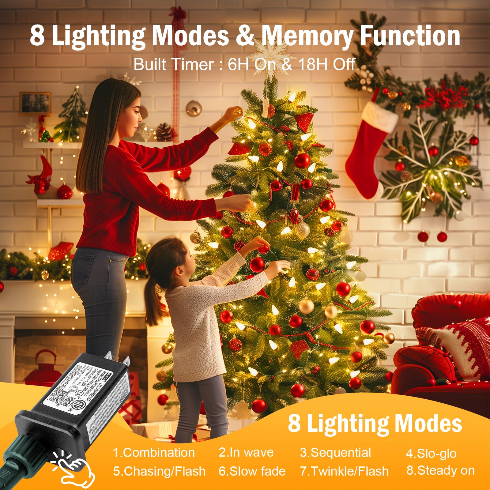 Brightown 2 Pack Warm White C9 Christmas Lights - Total 162 Ft 200 Led String Lights With Timer & 8 Modes, Waterproof Connectabl