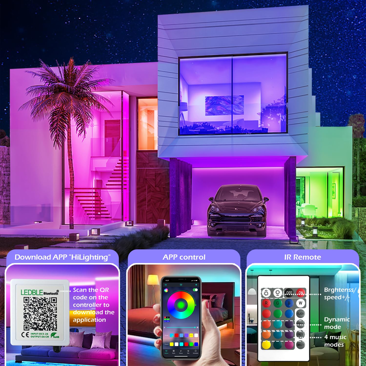 LETIANPAI LED Strip Lights, 40ft RGB Color Changing with Music Sync, Bluetooth App Control, Remote, for Bedroom & Party