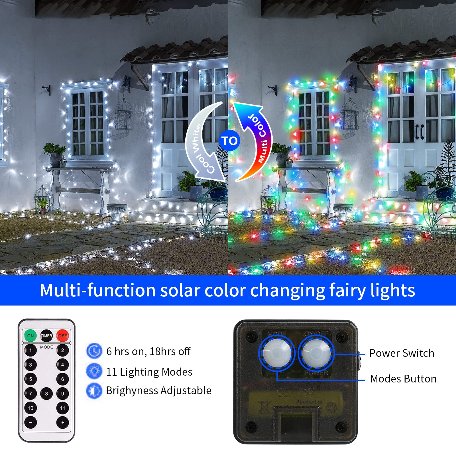 Jmexsuss 2 Pack Solar Fairy Lights Color Changing,White And Multicolor 100 Led 33Ft Solar String Lights Outdoor Waterproof,8 Modes Copper Wire Solar Christmas Lights