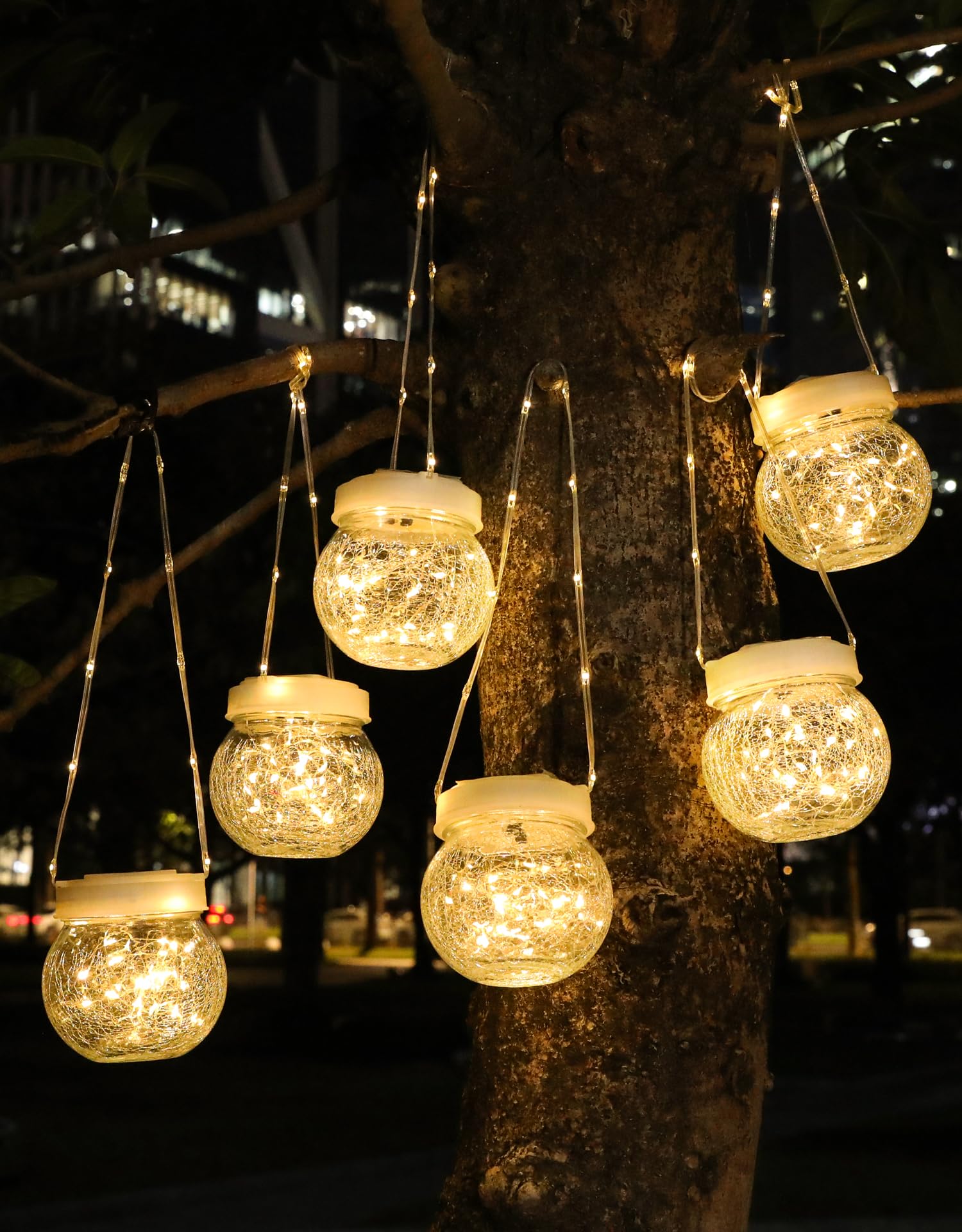 PARTPHONER Solar Lanterns 6-Pack, Waterproof  ed Glass Hanging Lights, Warm White, Shepherd Hook, Outdoor Garden Ornaments