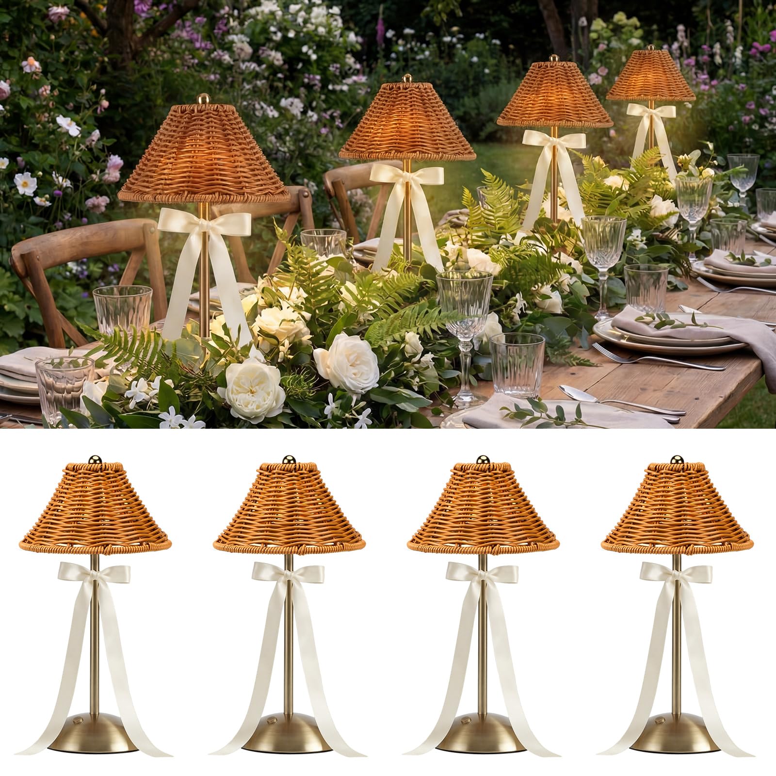 Grinsvalley 4 Pack Wedding Cordless Rattan Table Lamps Wicker Night Light LED Rechargeable Reading Lights 3 Color Portable Touch