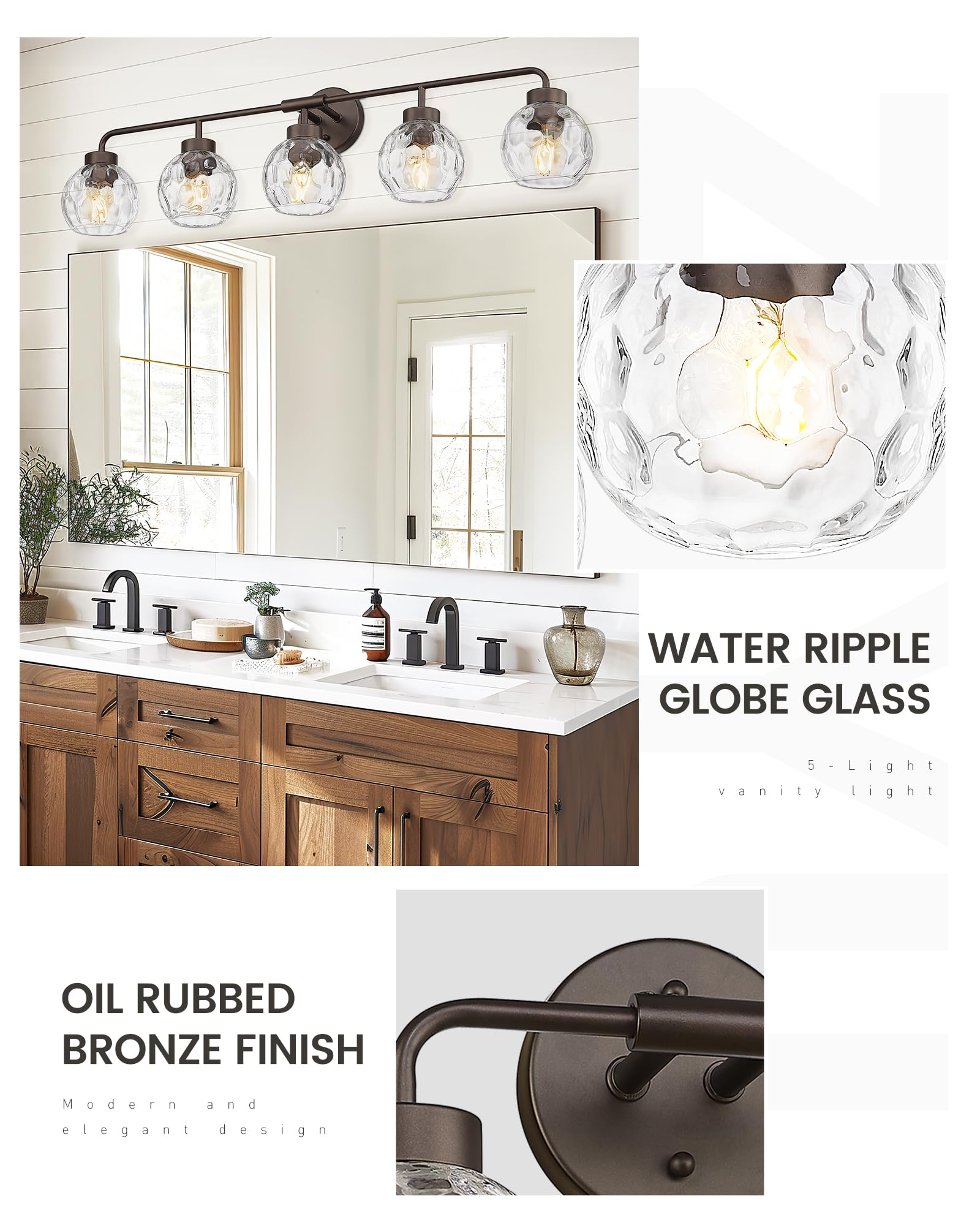 Zeyu 38.5 Inch Farmhouse Bathroom Lighting Fixture  5-Light Bathroom Vanity Light  Oil Rubbed Bronze Finish With Water Ripple Globe Glass  Zs62Bg-5W Orb-Wg