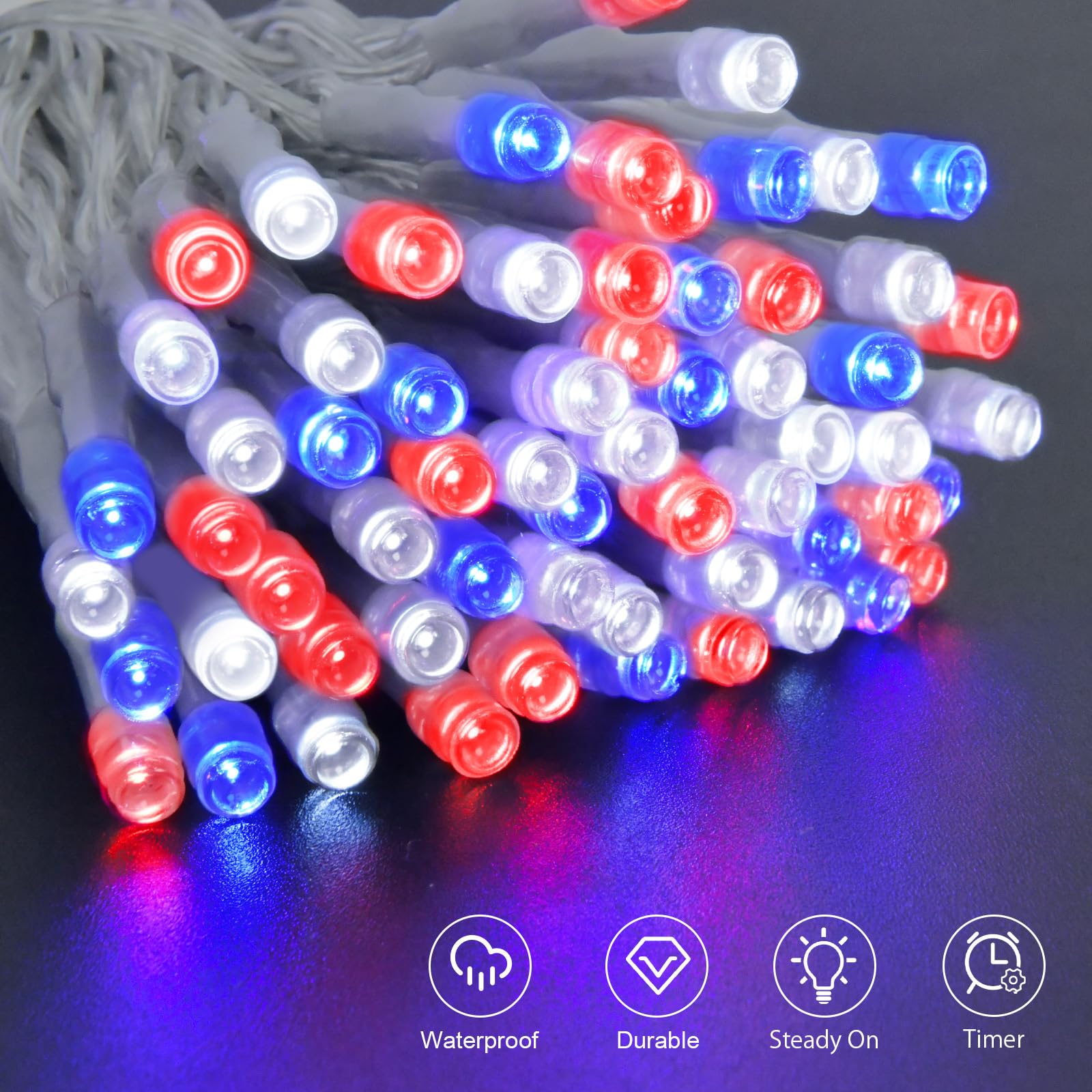 cshare Battery Operated 4th of July Lights, 30 LED, 9.8ft, Red White and Blue, Waterproof with Timer, Model CS-FSZC-3SCX2