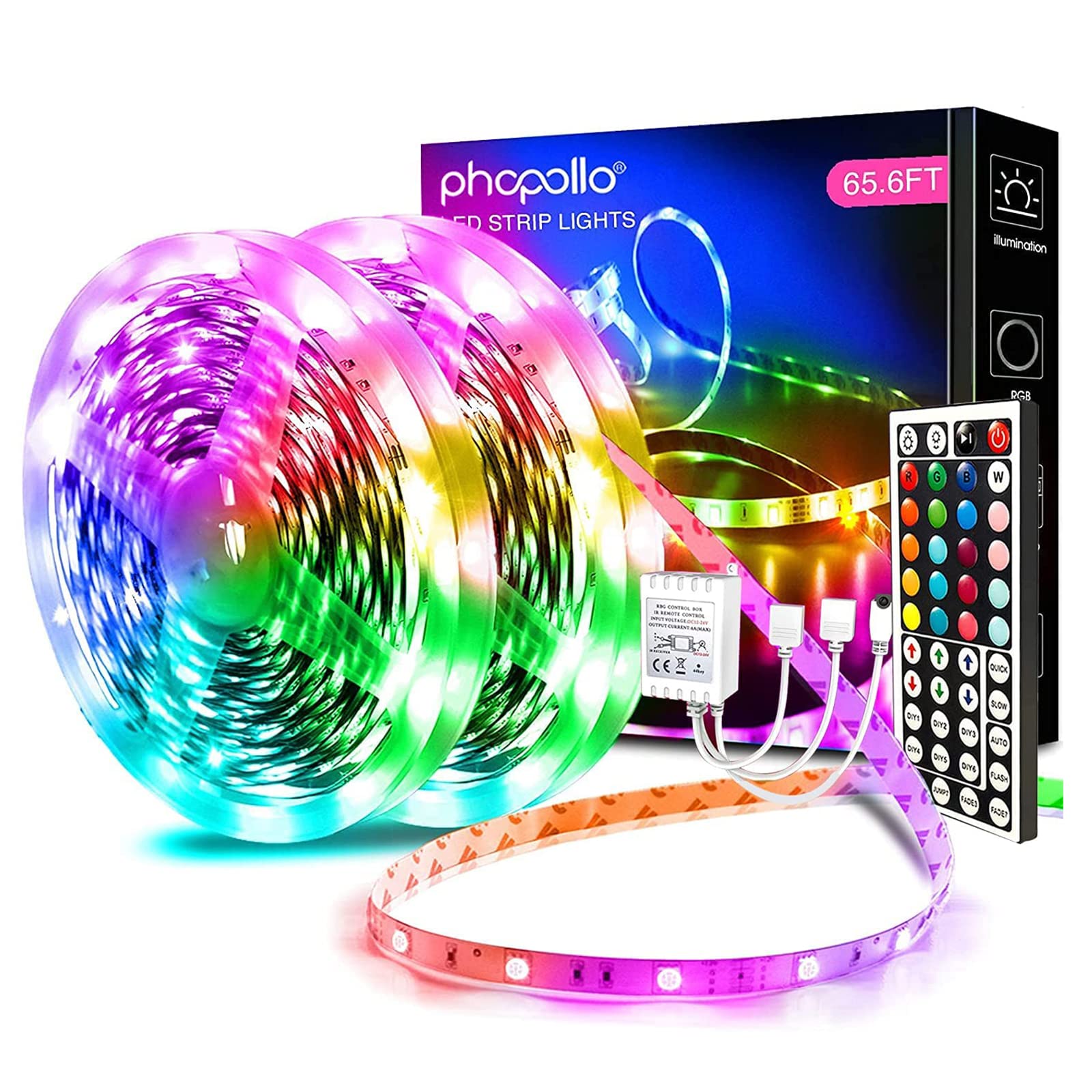 phopollo 65.6FT LED Strip Lights, Multicolor, 5050 Color Changing with 44-Key Remote, Model PH65RGB53WUS, Indoor Home Decoration