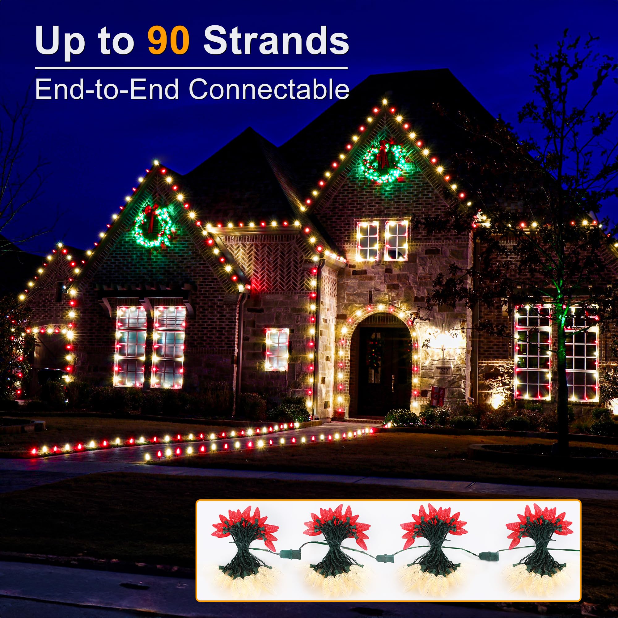 Brizled Red & Warm White C9 Christmas Lights, 33Ft 50 Led Faceted Outdoor Christmas Lights, Connectable Xmas Tree Lights, Ul Cer