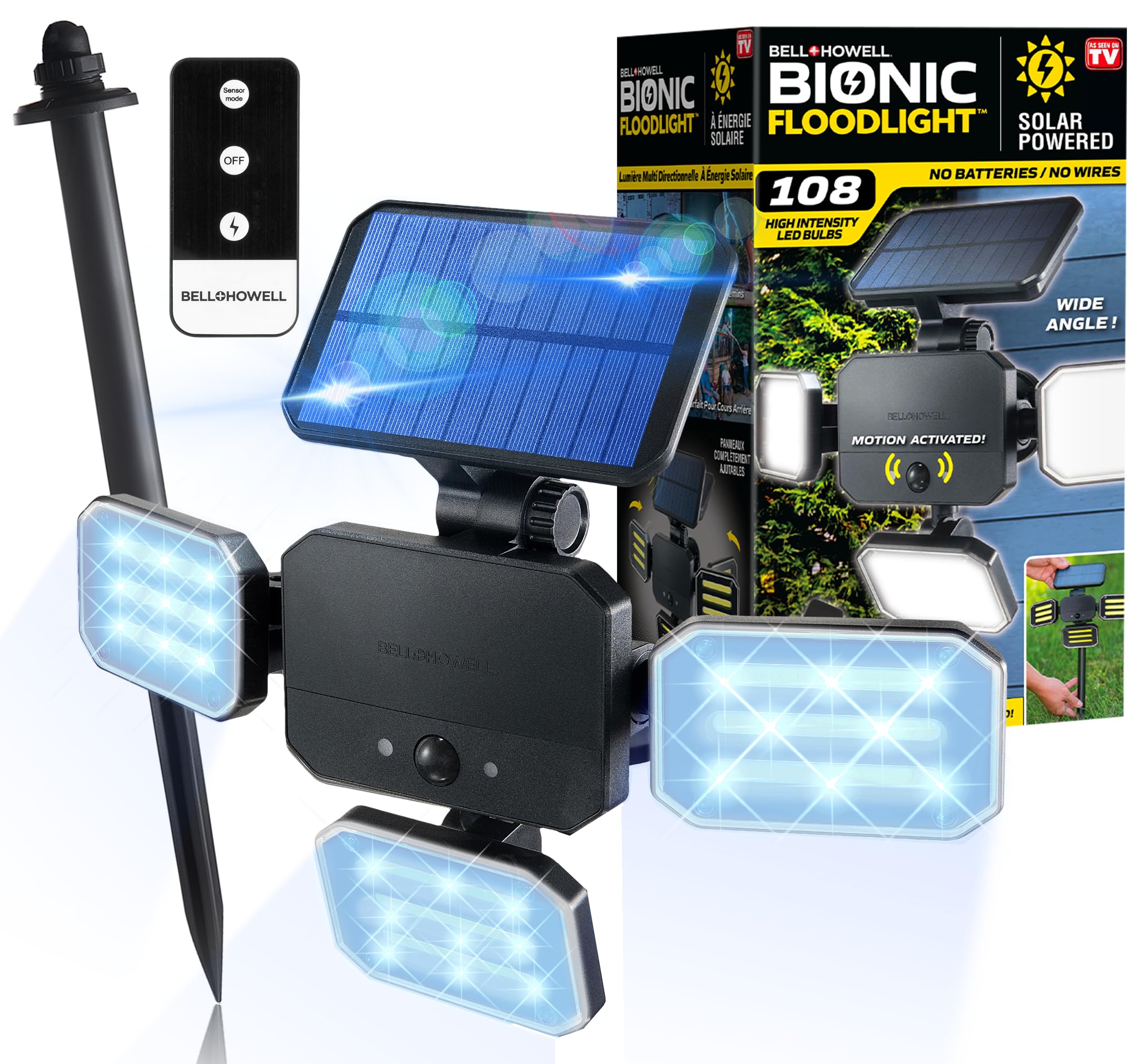 Bell+Howell Bionic Flood Light ASON TV, Solar Lights Outdoor Waterproof- 50% Brighter 108 COB-LEDs w/Motion Sensor 180 Swivel,