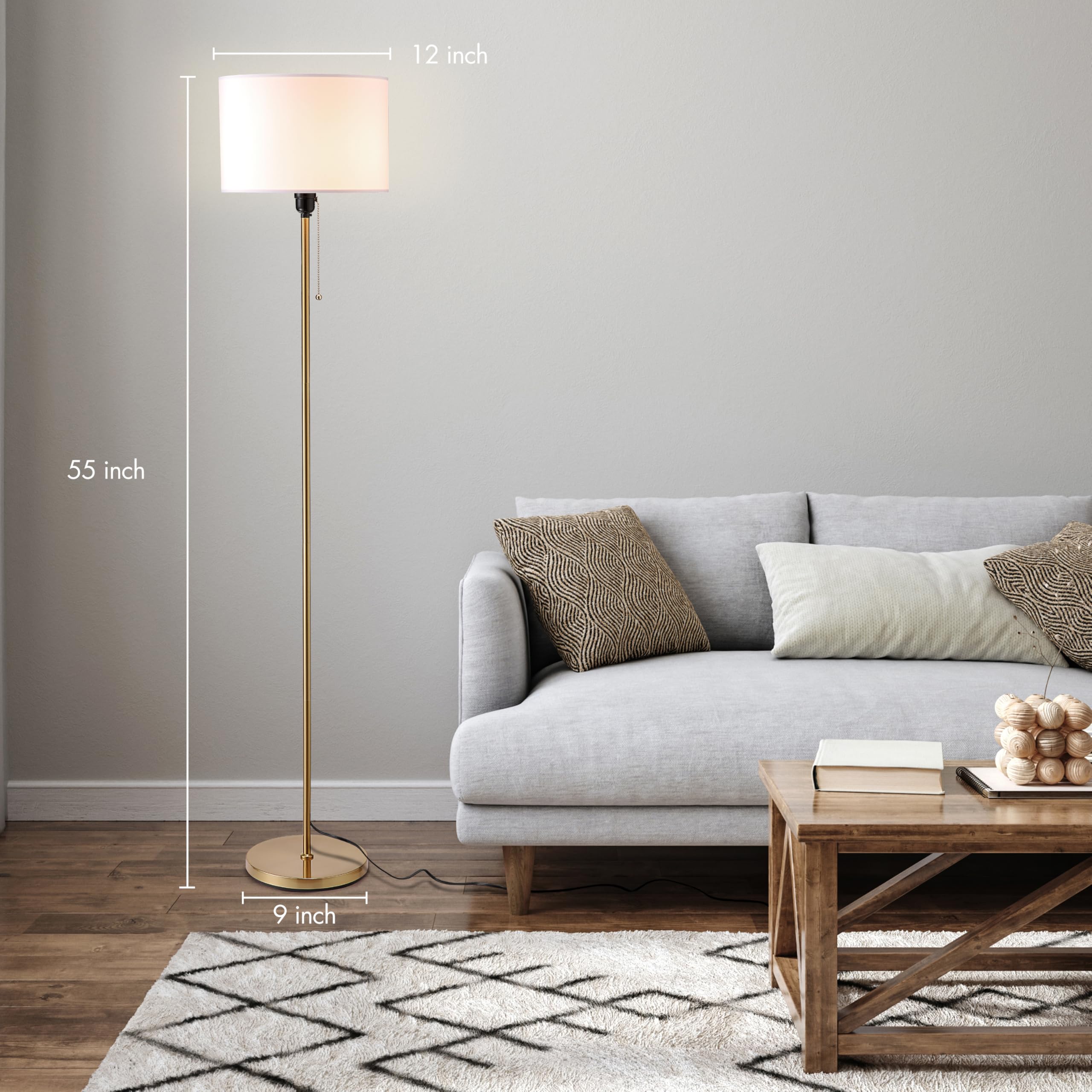 O'Bright Drum Shade Standing Lamp, Modern Minimalist Design, Antique Brass, E26 Socket, Model OB-FL19S