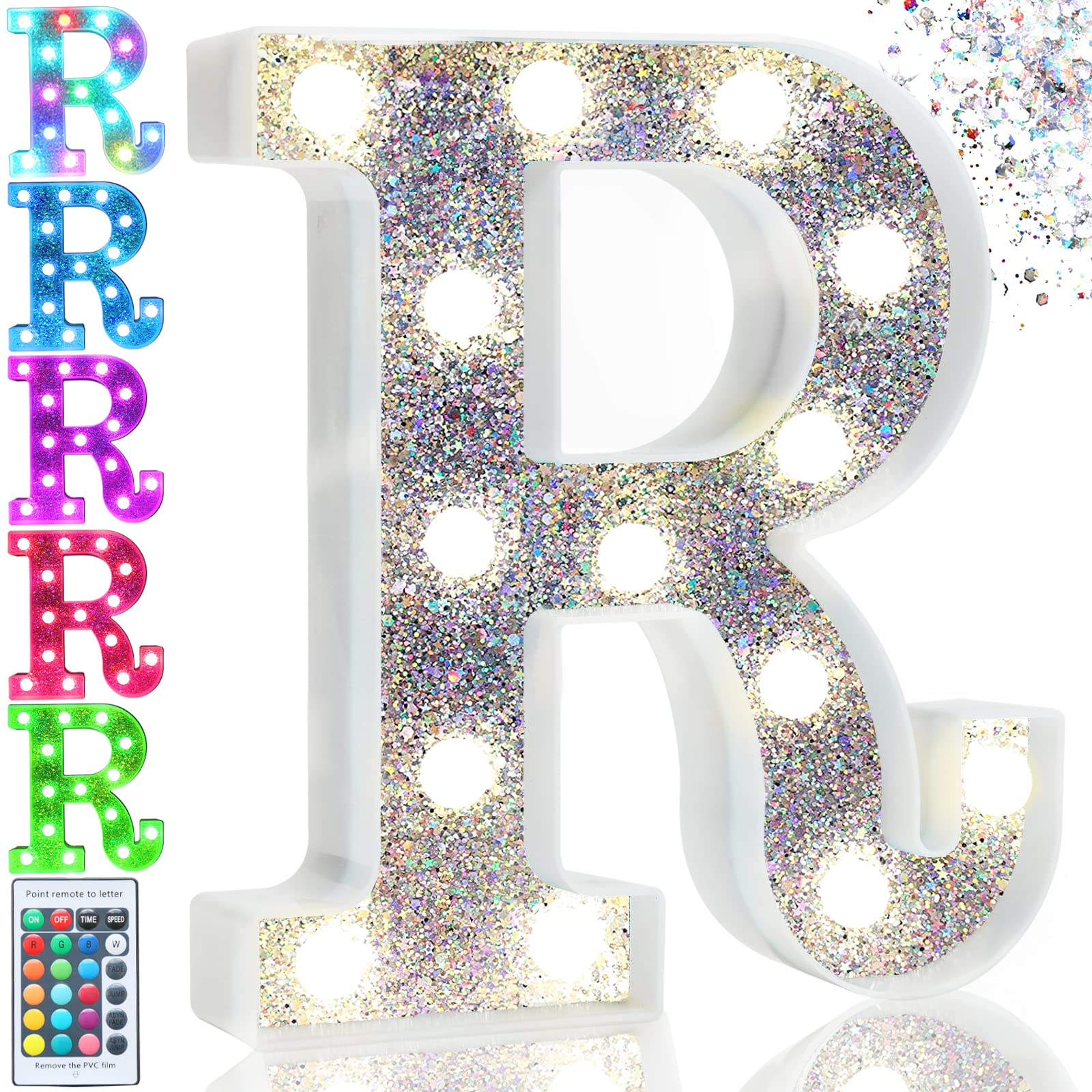 Pooqla LED Marquee Letter Lights, Colorful Light Up Alphabet Sign, Model S-RGB Silver, Battery Operated, 16 Colors, Letter R
