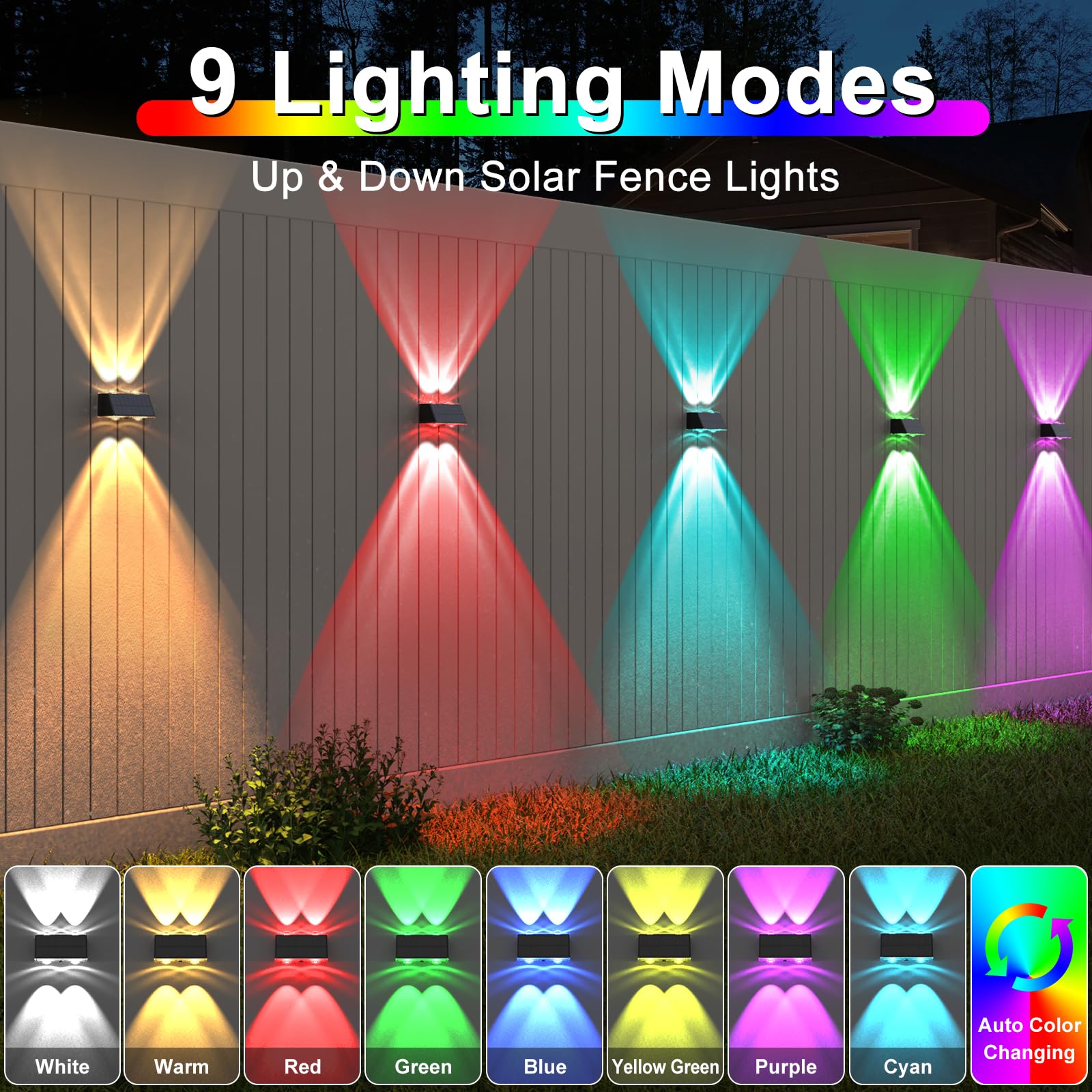 LANSOW Solar Fence Lights 8 Pack, Waterproof LED Up-Down Wall Lights, Warm/Cool White & RGB, Black for Outdoor Decor