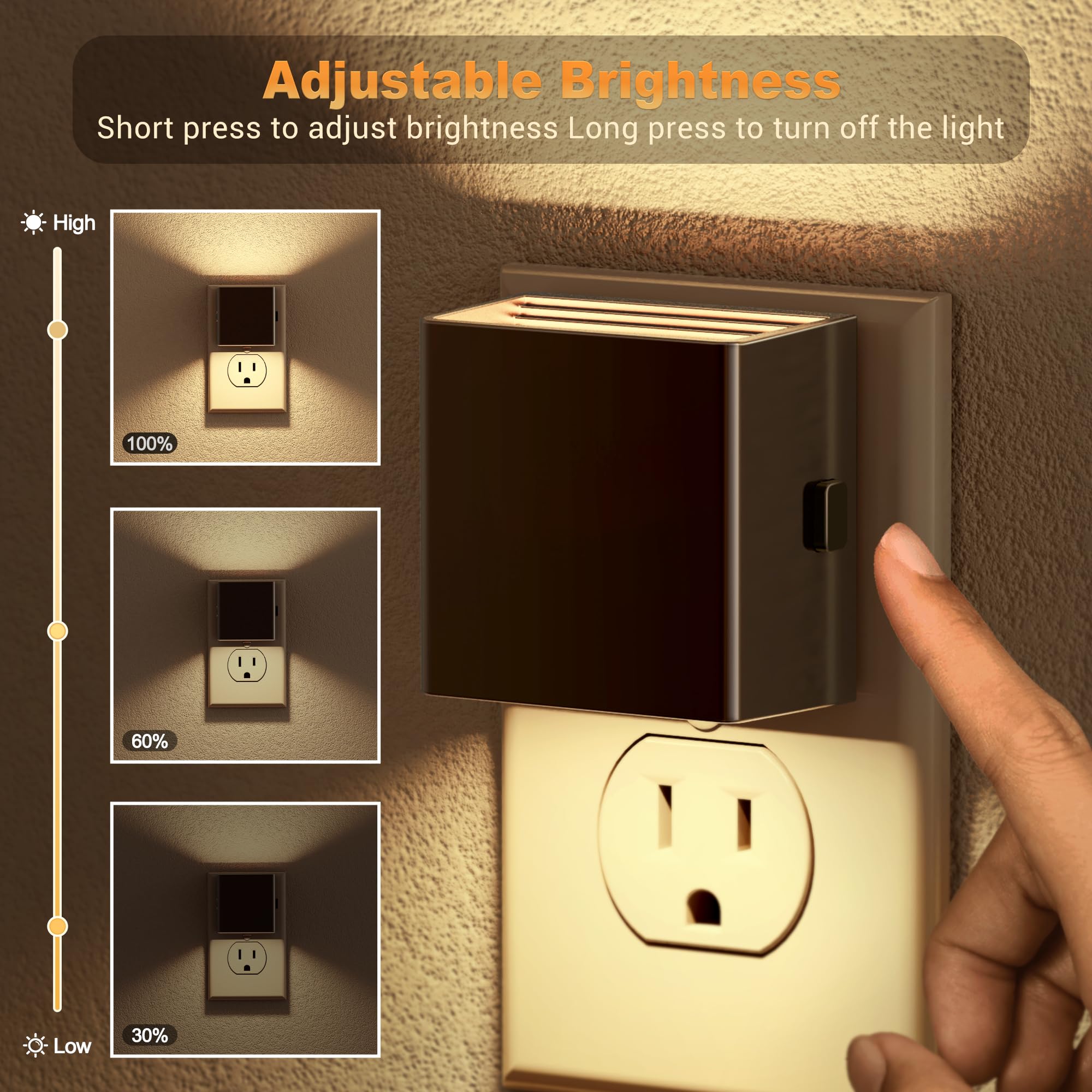 JandCase Night Light, Dusk to Dawn, 3000K Brightness Adjustable, 2 Pack, Square, Black-1, Model C-GY10602LBUS-2