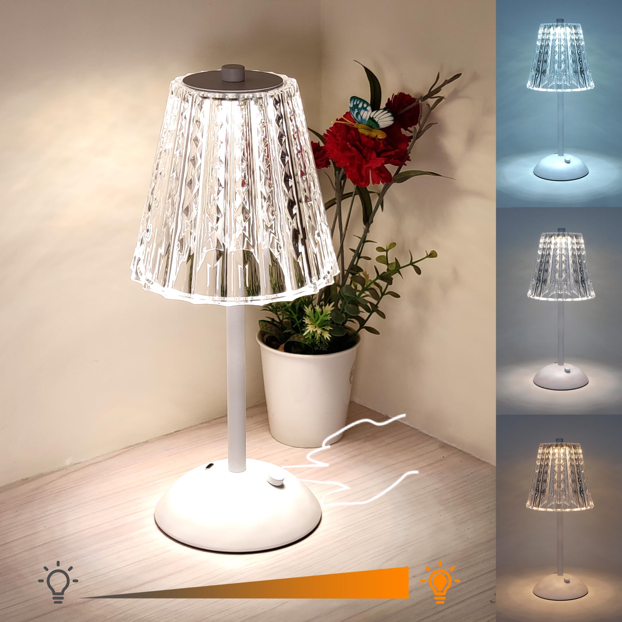 Amingulry Cordless Table Lamp, Rechargeable 4000mAh, 3 Color Modes, Stepless Dimmable, Metal, Small, White