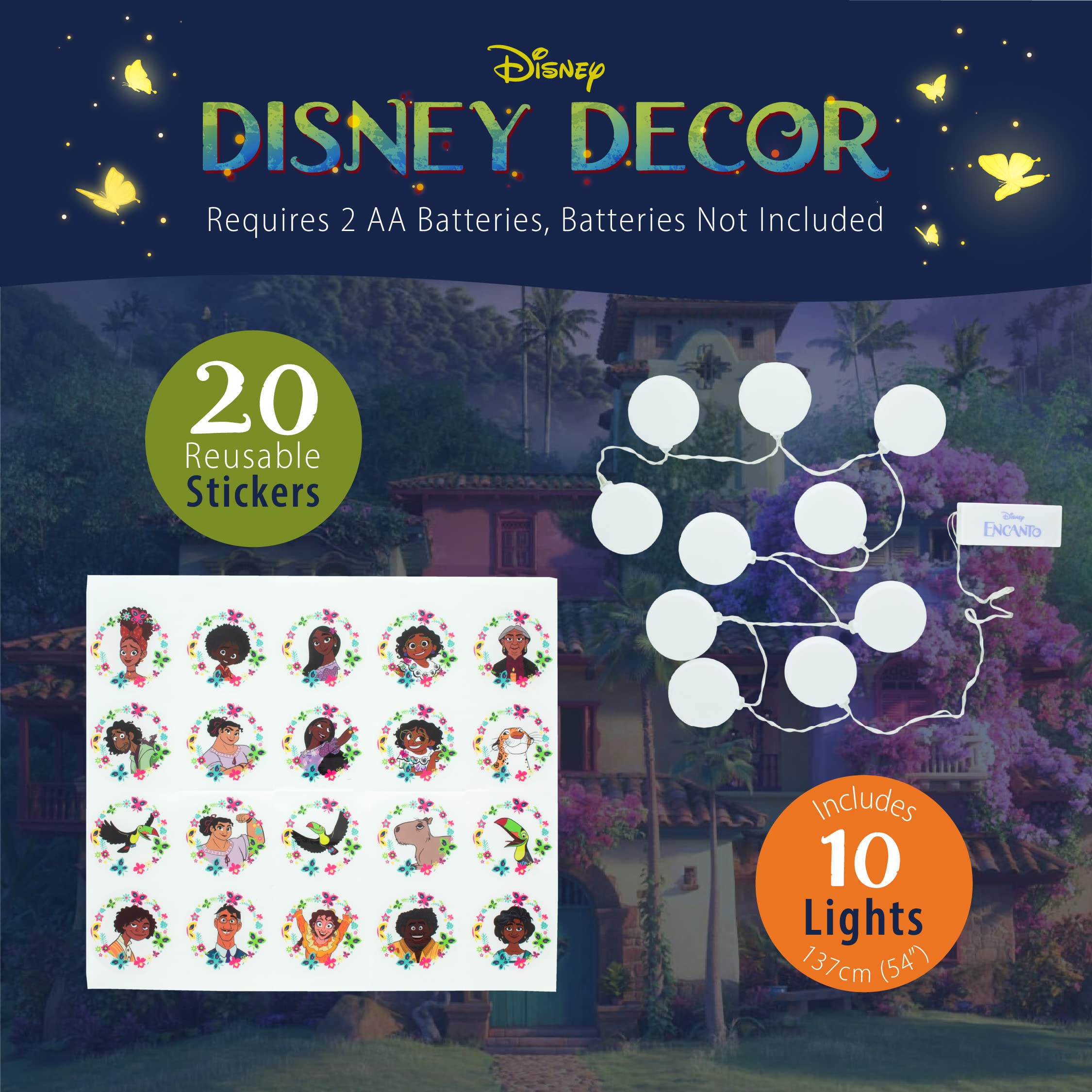 Paladone Encanto String Lights With Stickers - 54 Length (137 Cm) Indoor Room Lighting - Disney Kids Movie Encanto Bedroom Decor And Party Decoration