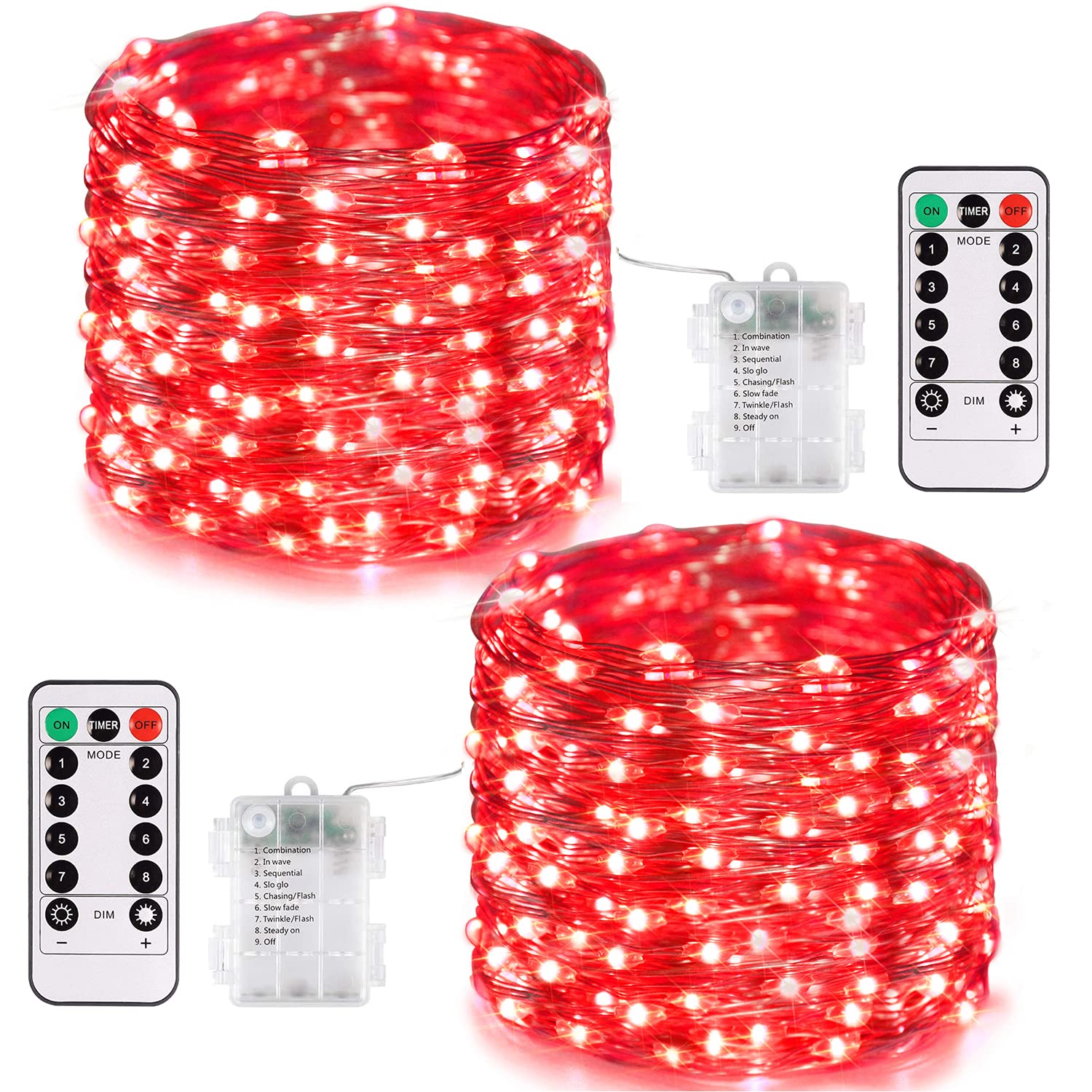 JMEXSUSS 200 LED Fairy Lights, 66ft Battery Operated String Lights, 8 Modes, Red Copper for Valentine Decorations