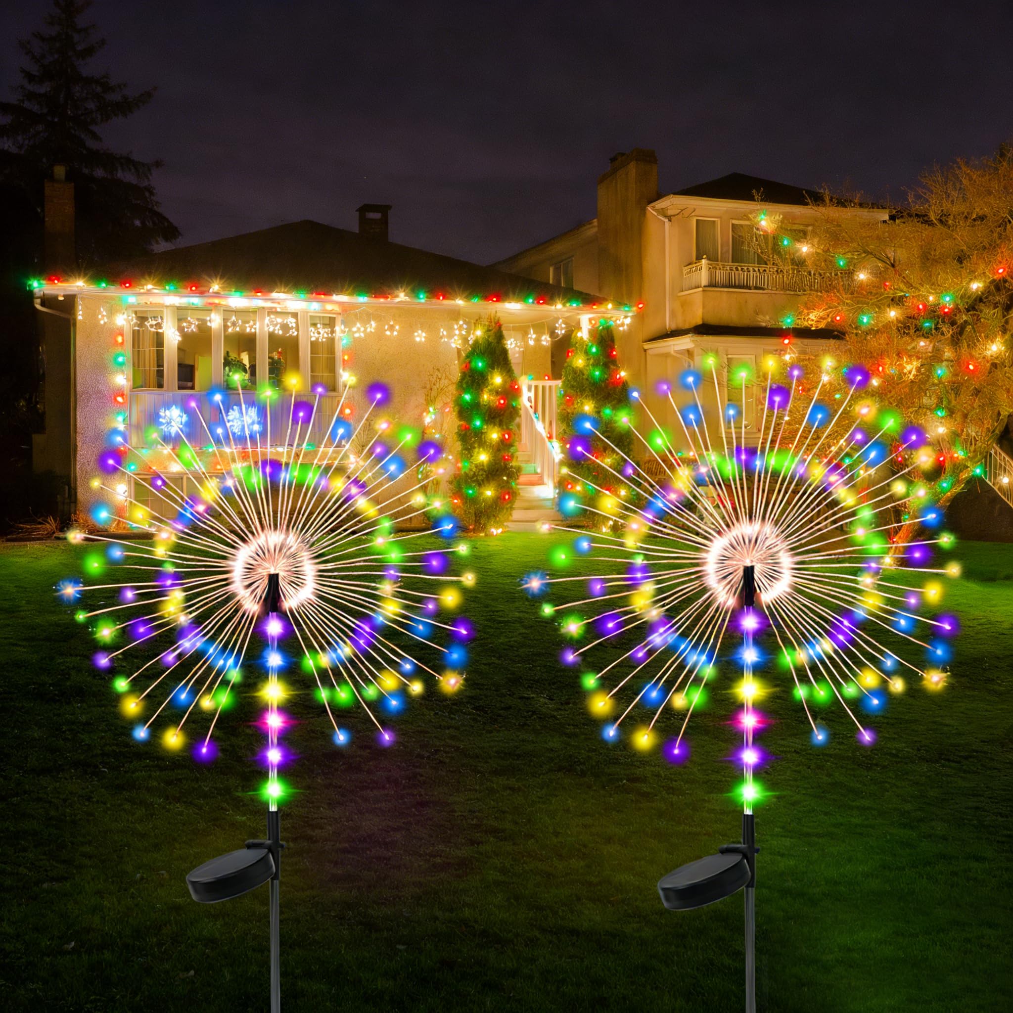 2 Pack 250LED Solar Garden Lights Outdoor  Dual Lighting Modes Firework Lights Solar Powered  Waterproof Twinkle Fairy Light Outside for Yard Patio Pathway Christmas Party Decorative (Multicolor)