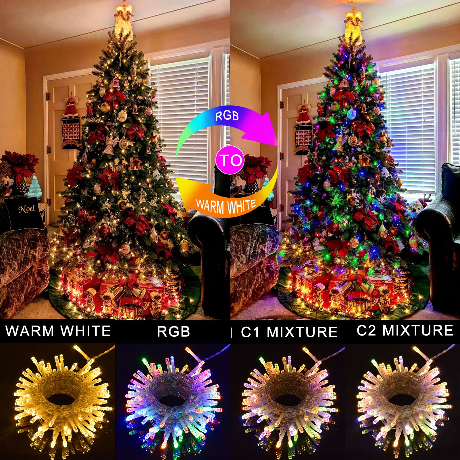Battery Operated Christmas String Lights, Warm White & Multi-Color Changing 100 Led Fairy Lights 33Ft Clear Wire With Remote Timer Christmas Lights For Outdoor Indoor Xmas Tree Festive Decorations