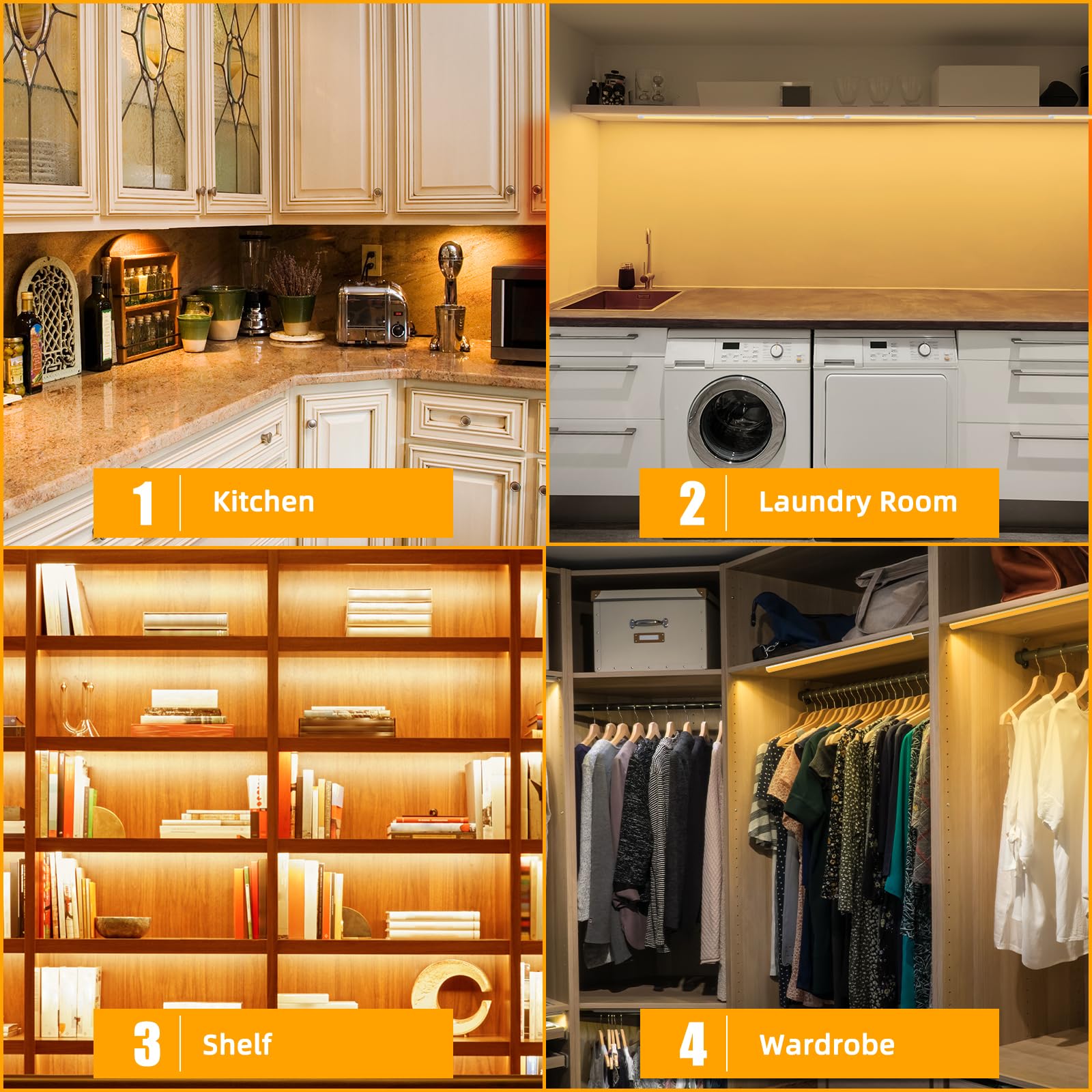 JUSJUBR Under Cabinet Lights, 4pcs 12 Inch Warm White Dimmable LED Lighting, Aluminum, Plug-in, Memory Function