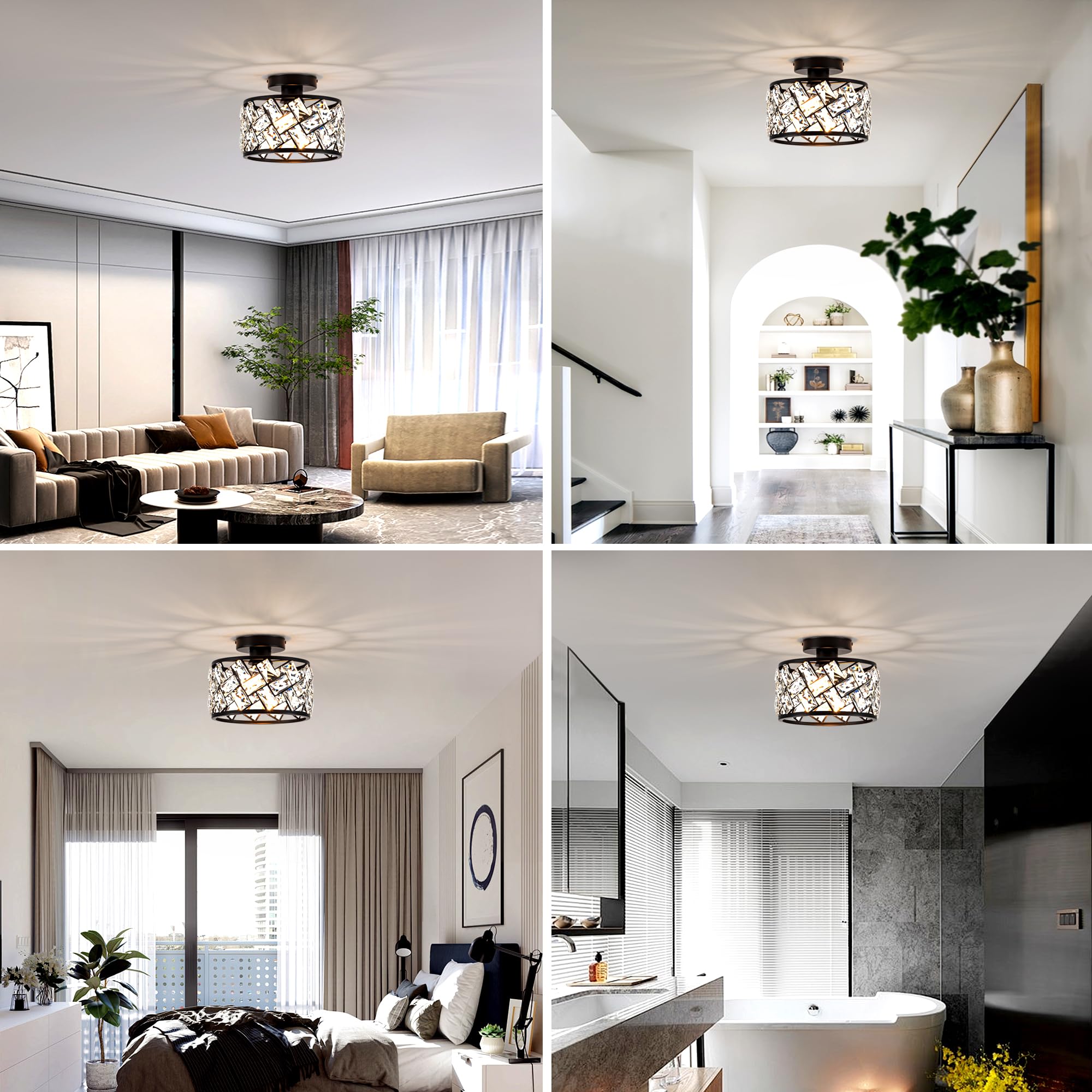 Rpzloila Crystal Ceiling Light Fixture, Modern Semi Flush Mount, Metal, Black Finish, Model 8101-1X-BK