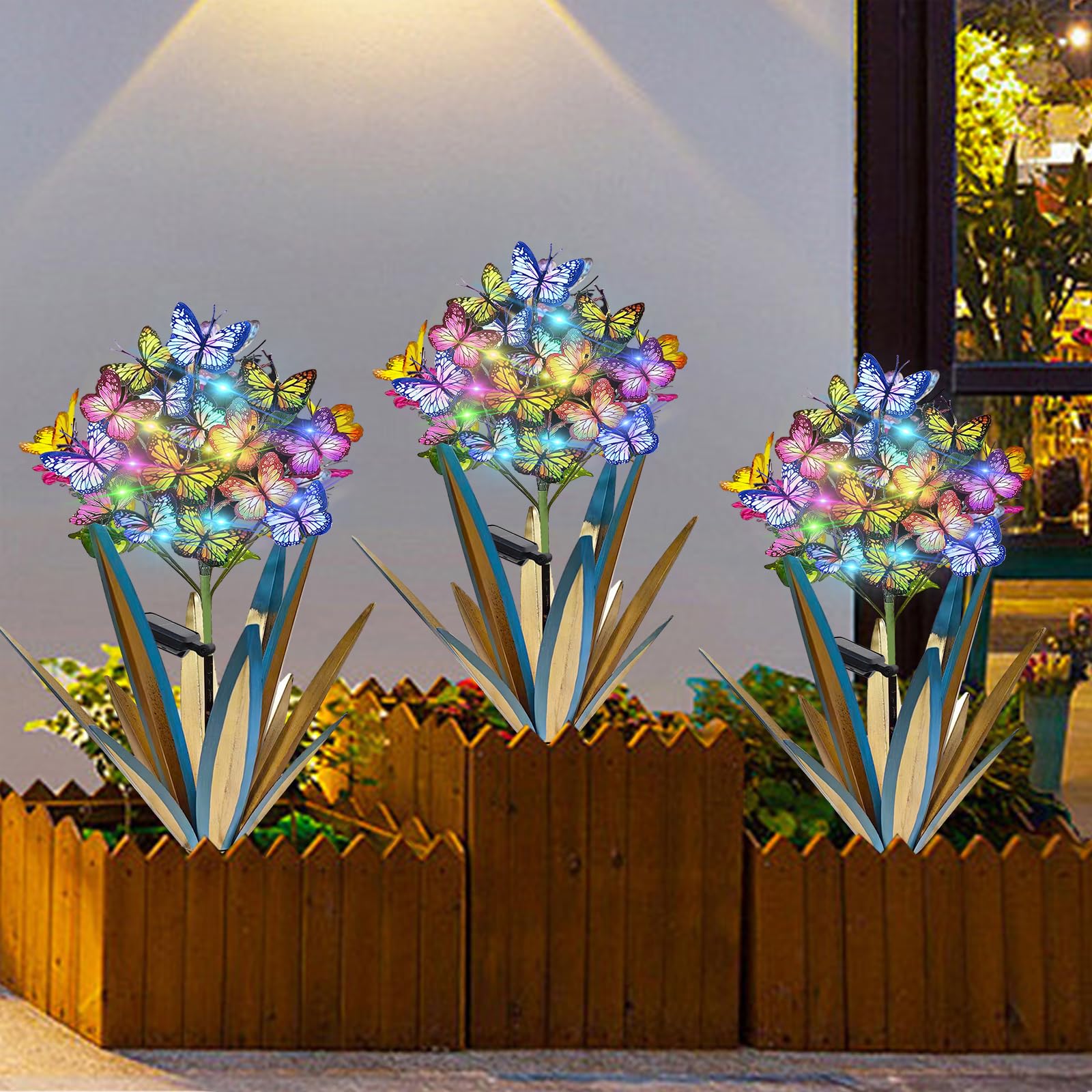 Homight Solar Metal Agave Butterfly Flower Stick Garden Sculpture Outdoor Gift Solar Garden Christmas Lights Swaying Butterfly S