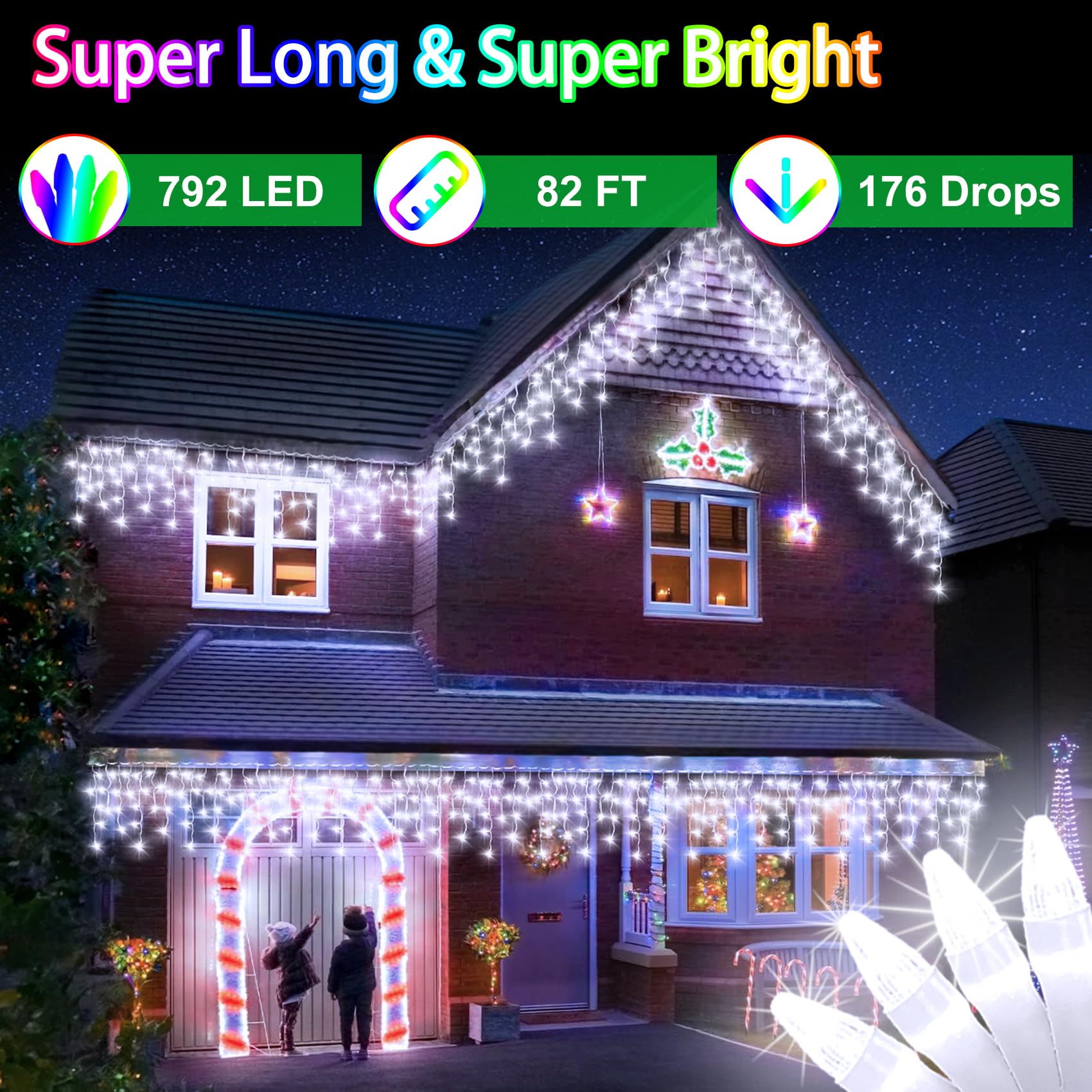 WUXYIYANG 82FT 792 LED Outdoor Hanging Christmas Lights, 176 Drops, 8 Modes, Timer, Cool White, Waterproof, Model WX-792L
