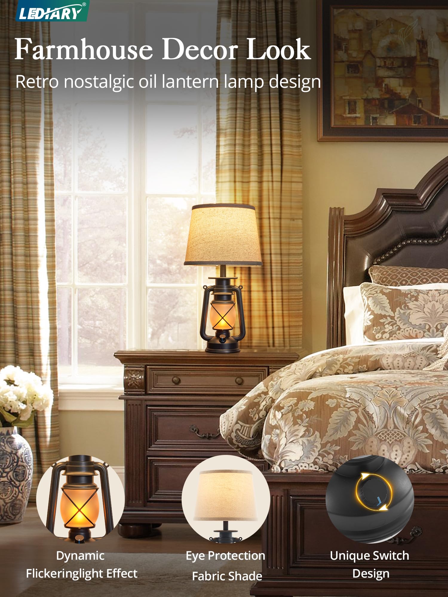 Lediary 18.72&quot; Black Led Lantern Flickering Flame Table Lamps For Bedrooms Set Of 2, Small Farmhouse Rustic End Table Lamps, Halloween Decorative Lantern Bedside Lamps For Living Room