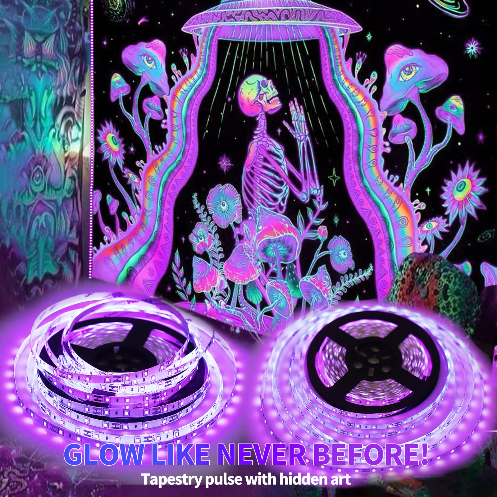 Shgpoda 50 Foot Black Light Strip & Remote  900Leds  Dimmable 12V Flexible Black Lights For Glow Party  Bedroom  Hallween  Fluorescent Tapestry Poster  3 Light Modes  Non-Waterproof